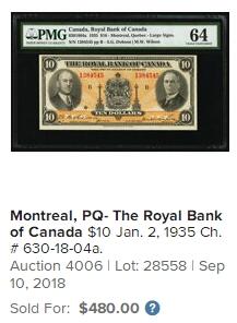 【Blue Auction】世界纸币精拍第634期【精】——16级TOP拍卖/信誉/品质/专业/高效💫  加拿大 皇家银行 1935年10元 盾徽出彩 人像雕刻放大细节满满 PCGS64EPQ 全新原票 彩色防伪点技术 该品相少见 （18年一张上边缘极窄的64分拍了480美金）