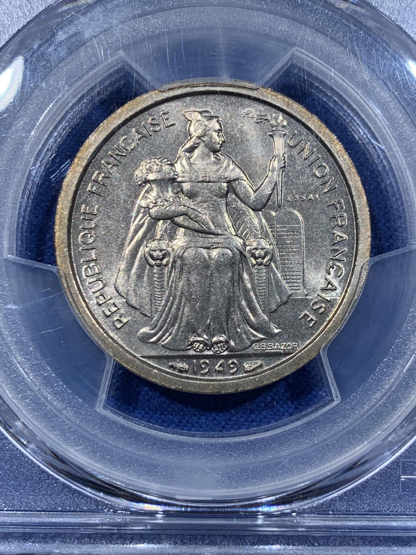 《竞宝斋》第362场 周日，周一，周二  3场连拍 （全场包邮） 3枚一组 PCGS SP65-66  法属大洋洲 1949年  1法郎、2法郎、50分样币  2法郎冠军分  1法郎亚军分  发行量2000 带ESSAI