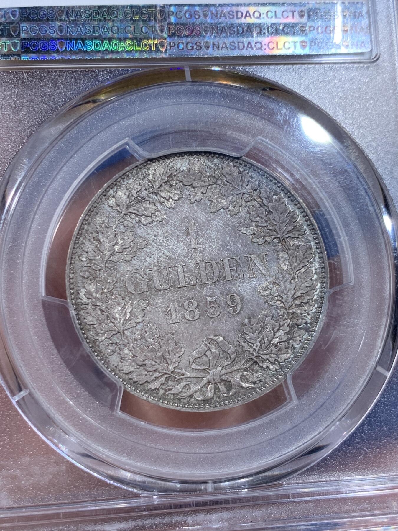 《竞宝斋》第362场 周日，周一，周二  3场连拍 （全场包邮） 亚军分 PCGS MS66 德国法兰克福1859年冠鹰1古尔登银币 少见