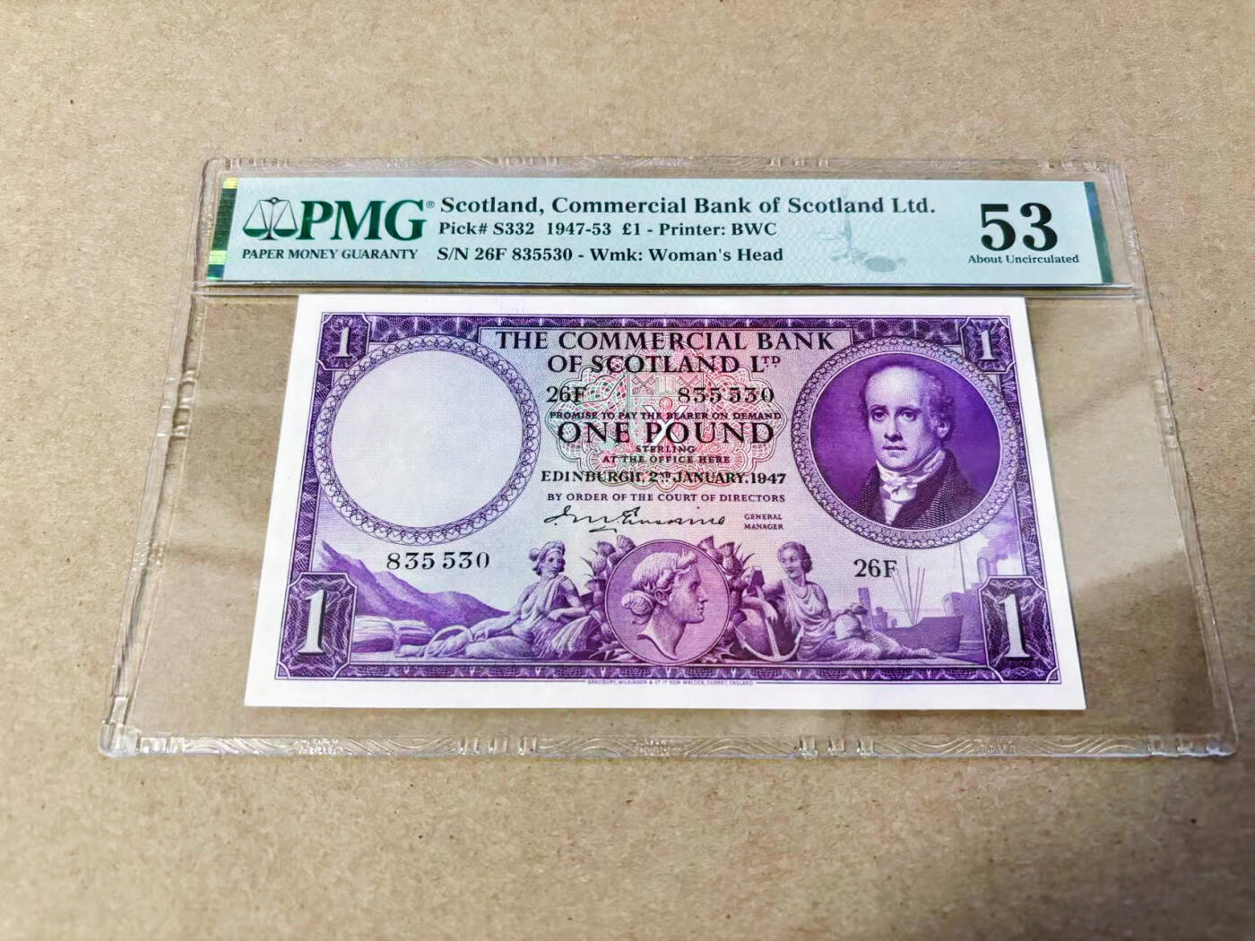 【Blue Auction】世界纸币精拍第634期【精】——16级TOP拍卖/信誉/品质/专业/高效💫 【无47】苏格兰 1947年1镑 BWC出品 雕刻精美 PMG53