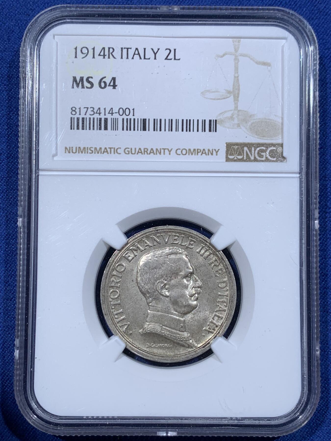 《竞宝斋》第362场 周日，周一，周二  3场连拍 （全场包邮） NGC MS64 意大利1914年马车2里拉银币，淡淡包浆，早期年份，细节好