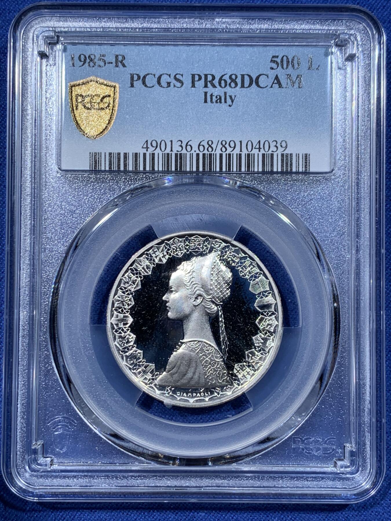 《竞宝斋》第362场 周日，周一，周二  3场连拍 （全场包邮） PCGS PR68DCAM 意大利 1985年 女神 500里拉 银币 霜光十足 亚军分