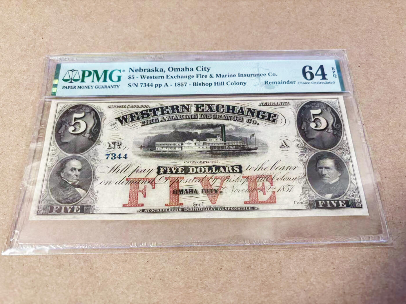【Blue Auction】世界纸币精拍第634期【精】——16级TOP拍卖/信誉/品质/专业/高效💫 美国 内布拉斯卡州 1857年5美金 PMG64EPQ 