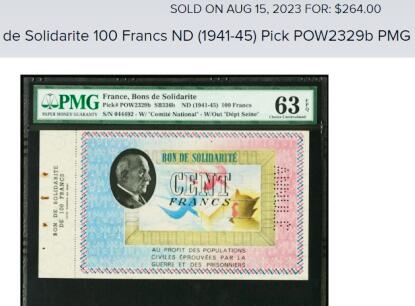 【Blue Auction】世界纸币精拍第634期【精】——16级TOP拍卖/信誉/品质/专业/高效💫 法国1941-45年100法郎团结券 PMG66EPQ 大票幅 维希政府国家红十字会发行 贝当肖像
