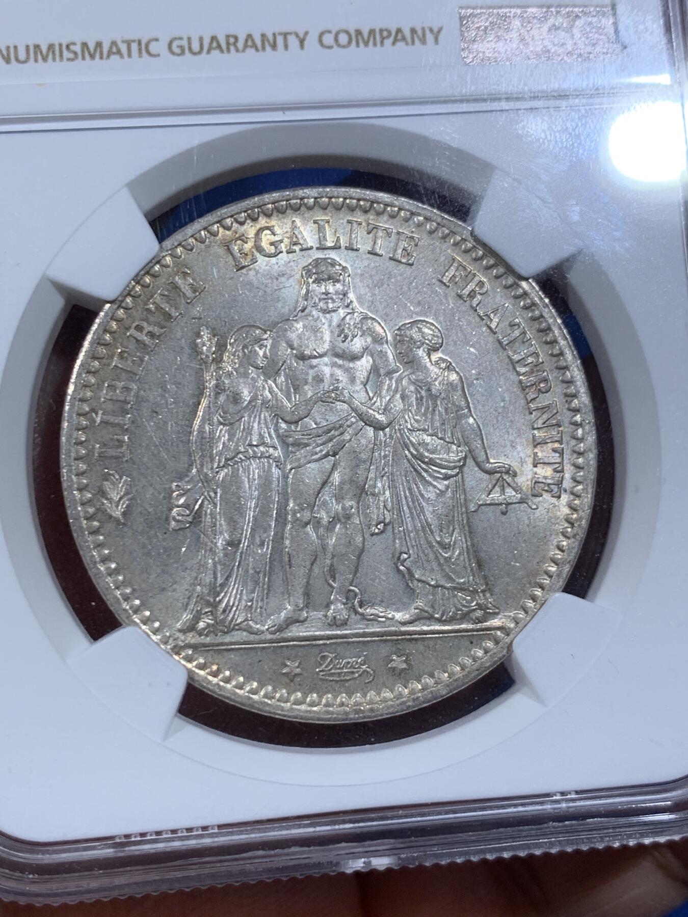 《竞宝斋》第362场 周日，周一，周二  3场连拍 （全场包邮） NGC MS63 法国1873A大力神5法郎银币 淡黄油包浆