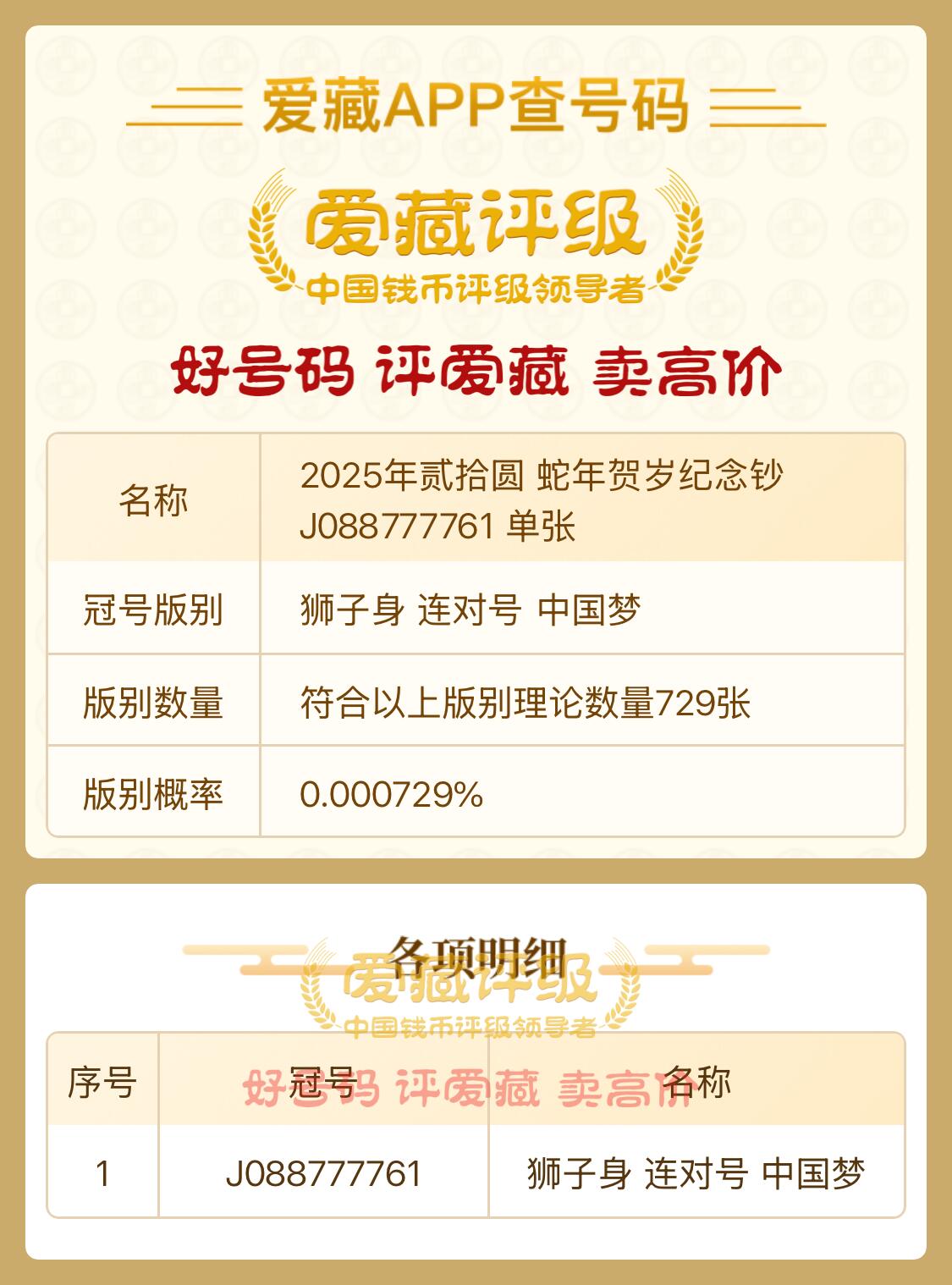 2025年蛇年贺岁纪念钞【J088777761】狮子号、连对号 中国号 单张