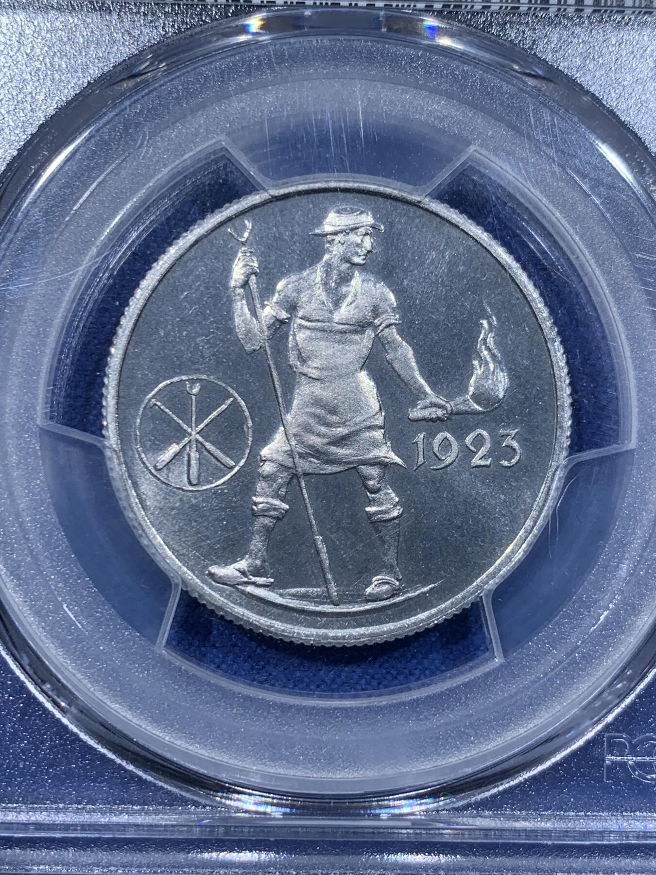 《竞宝斋》第362场 周日，周一，周二  3场连拍 （全场包邮） PCGS PR67CAM 德国1923年德紧弗莱堡火把男1百万马克精致铝币