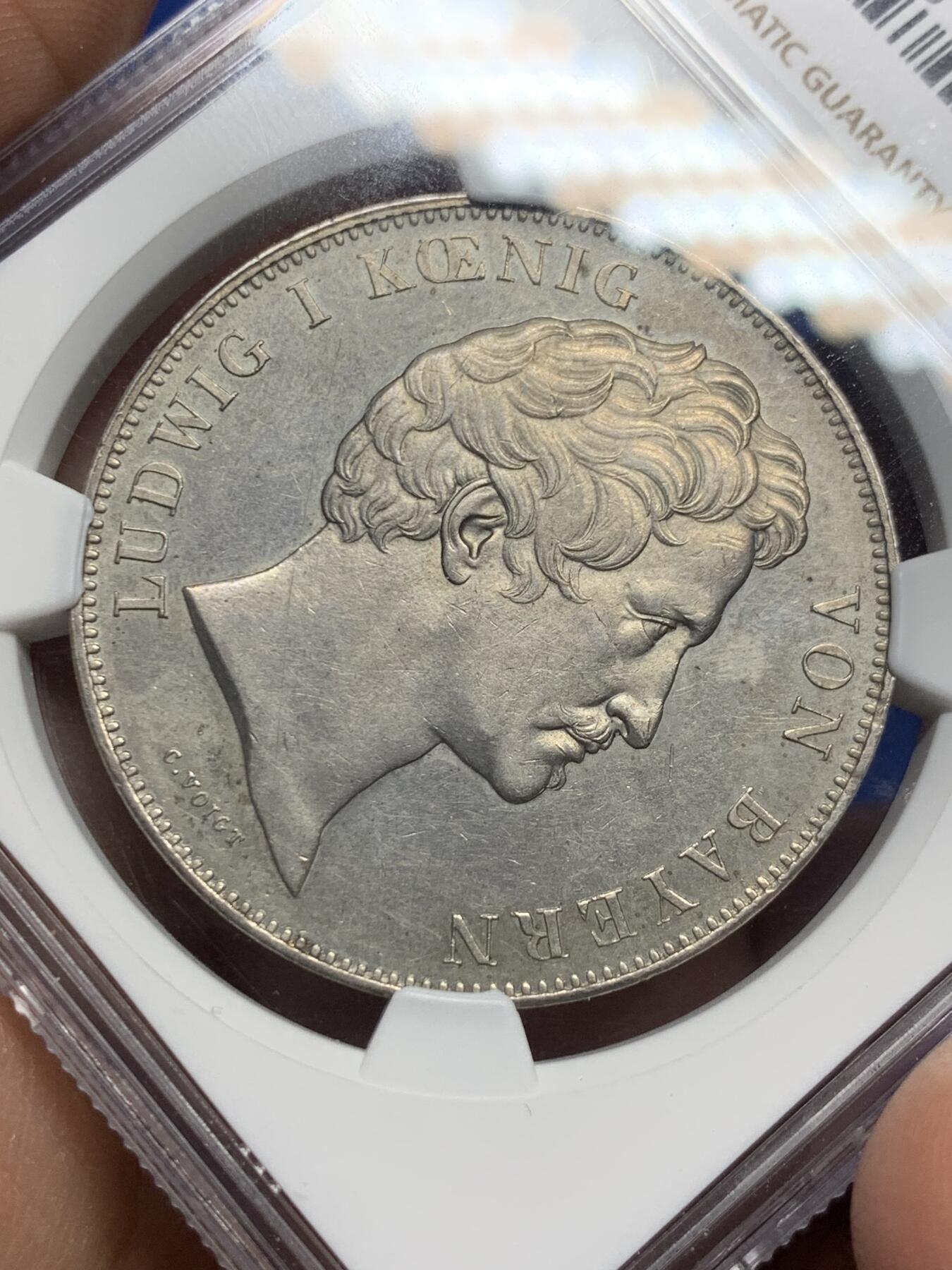 《竞宝斋》第362场 周日，周一，周二  3场连拍 （全场包邮） NGC UNC 德国 巴伐利亚 1845年 路德维希一世 皇孙纪念2泰勒大银币 非常热门的路德维希历史系2泰勒大银币 底板光度都够藏