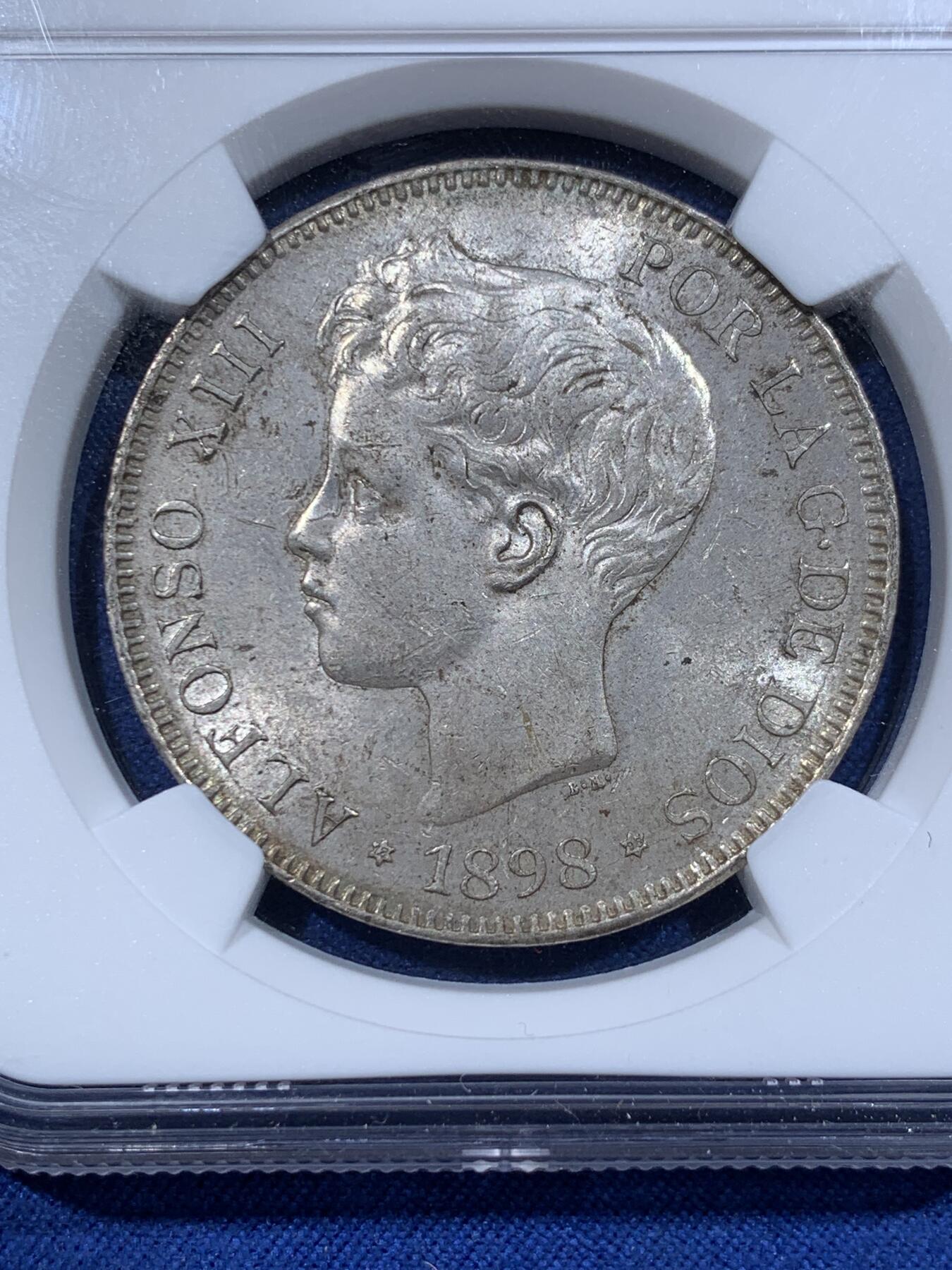 《竞宝斋》第362场 周日，周一，周二  3场连拍 （全场包邮） NGC UNC 西班牙1898年小孩头双柱5比塞塔银币