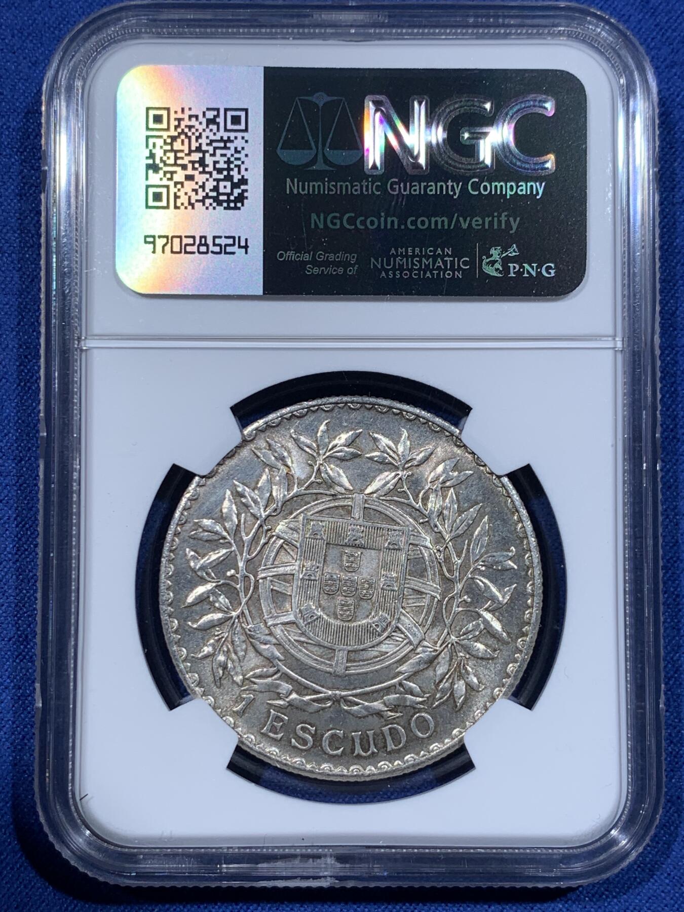 《竞宝斋》第362场 周日，周一，周二  3场连拍 （全场包邮） NGC MS62 葡萄牙1916年谷物女神1埃斯库多大银币   低评，黄油车轮光，观感极佳