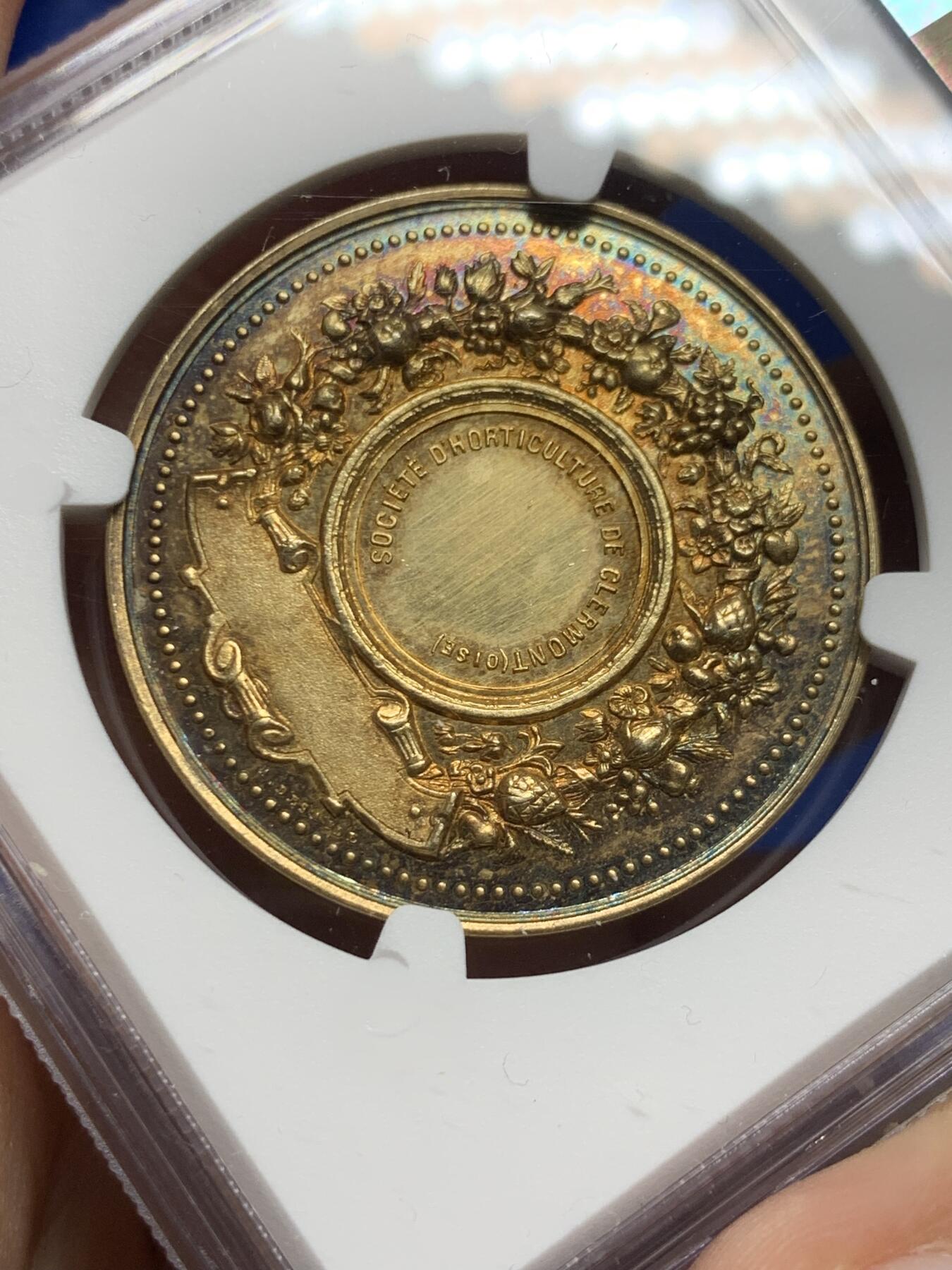 《竞宝斋》第364场 周日，周一，周二  3场连拍 （全场包邮） NGC MS64 法国瓦兹-克莱蒙园艺协会镀金银质代币