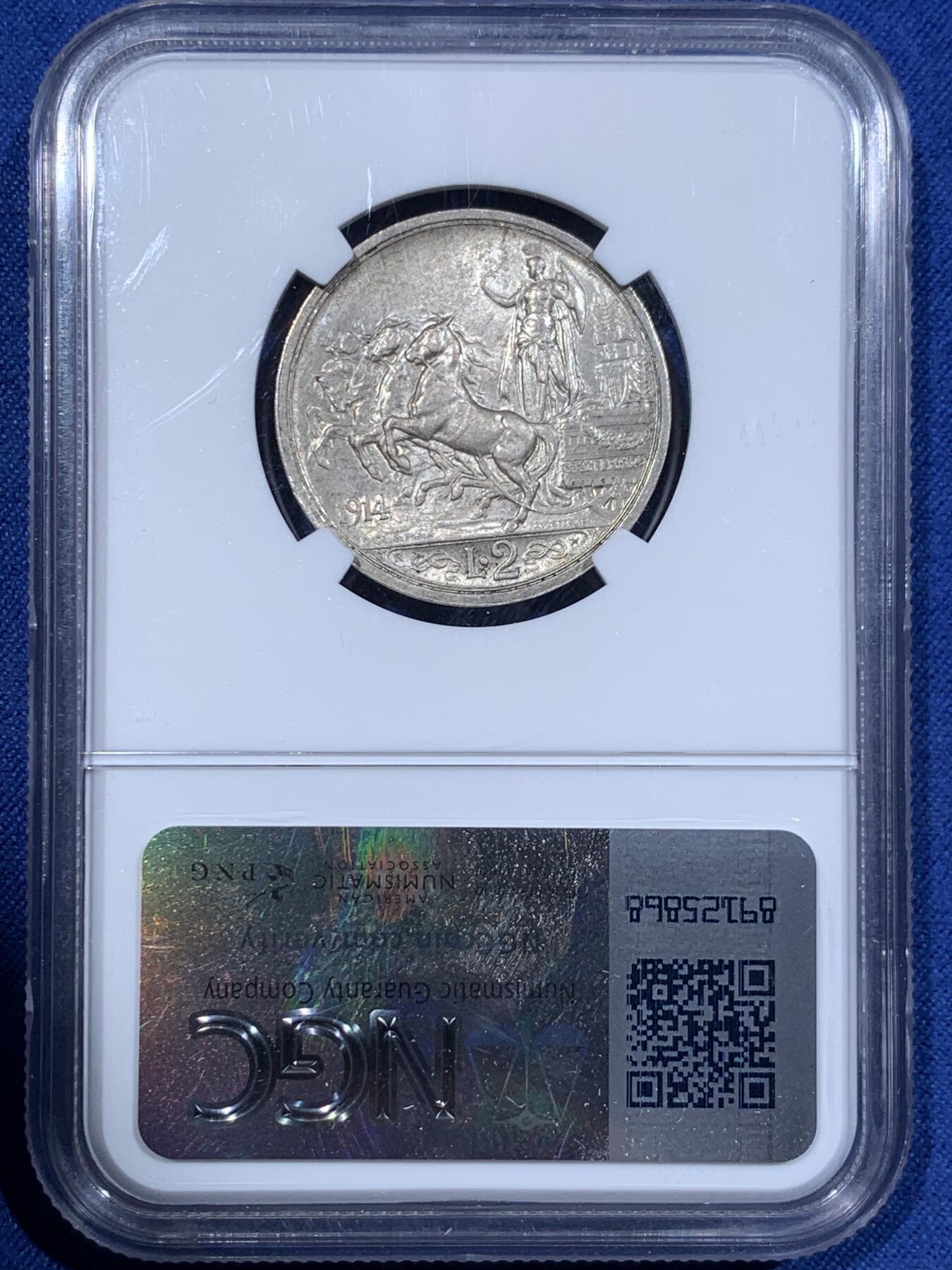 《竞宝斋》第362场 周日，周一，周二  3场连拍 （全场包邮） NGC MS64 意大利1914年马车2里拉银币，淡淡包浆，早期年份，细节好