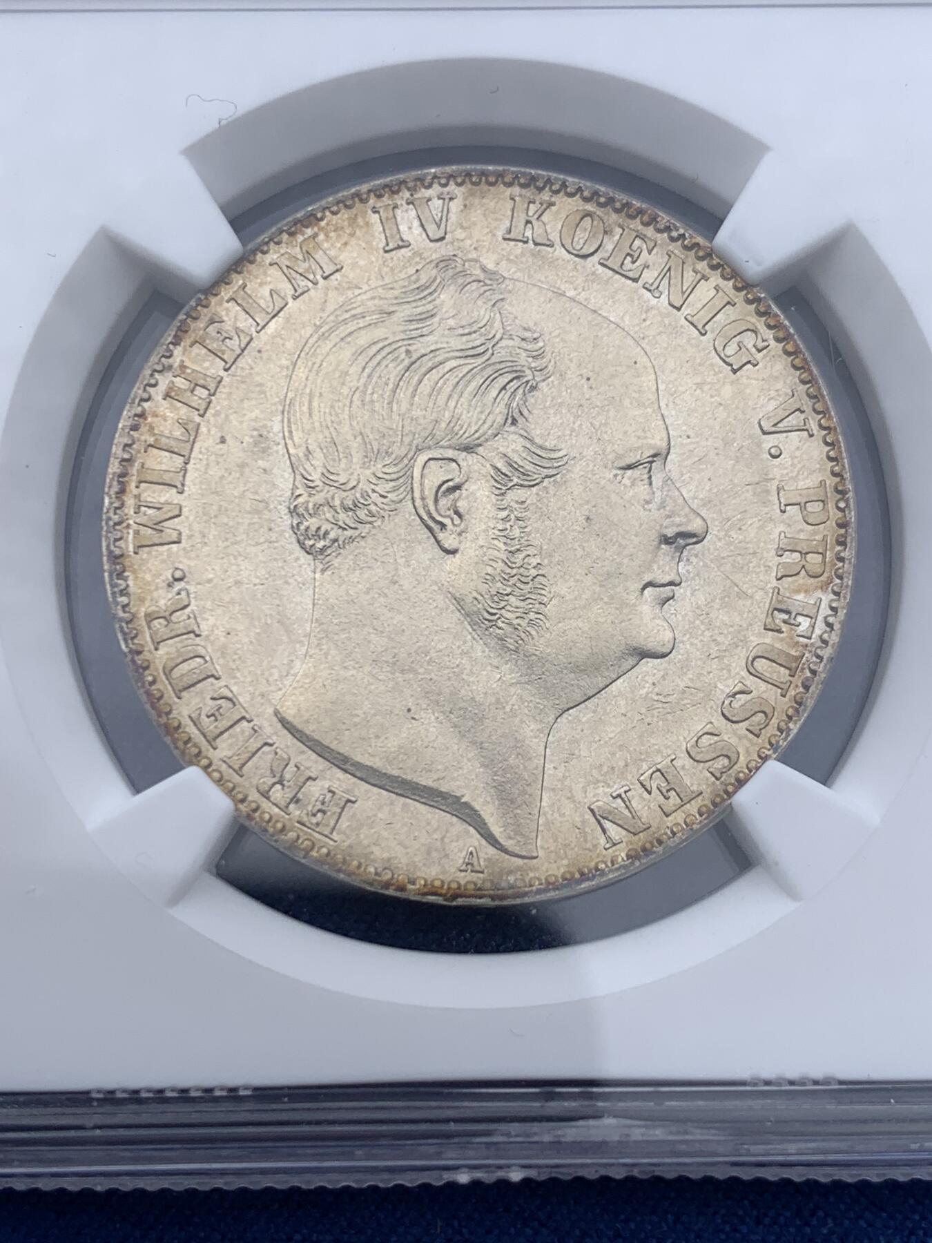 《竞宝斋》第362场 周日，周一，周二  3场连拍 （全场包邮） NGC MS61 德国普鲁士1859年威廉四世离冠鹰流通泰勒，打制锋利原味黄油包浆好品相。