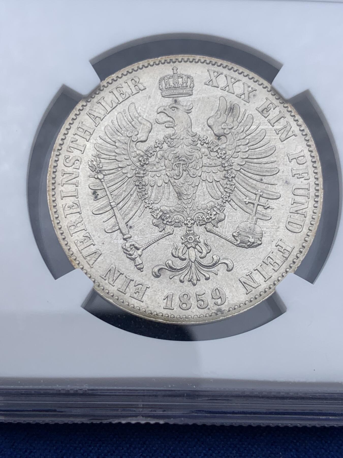 《竞宝斋》第362场 周日，周一，周二  3场连拍 （全场包邮） NGC MS61 德国普鲁士1859年威廉四世离冠鹰流通泰勒，打制锋利原味黄油包浆好品相。