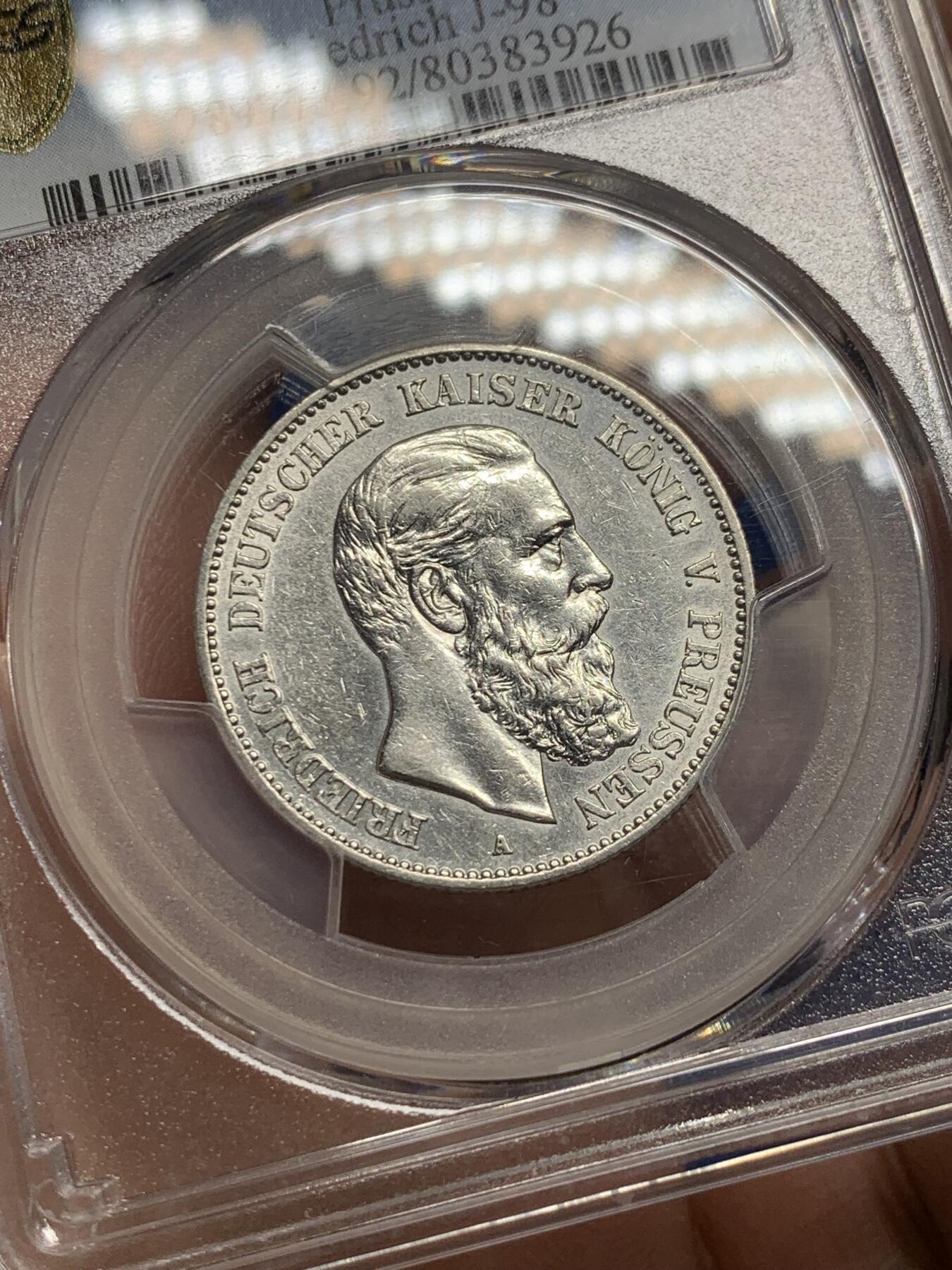《竞宝斋》第362场 周日，周一，周二  3场连拍 （全场包邮） PCGS AUD 德国1888年普鲁士腓特烈三世2马克银币 短翅鹰