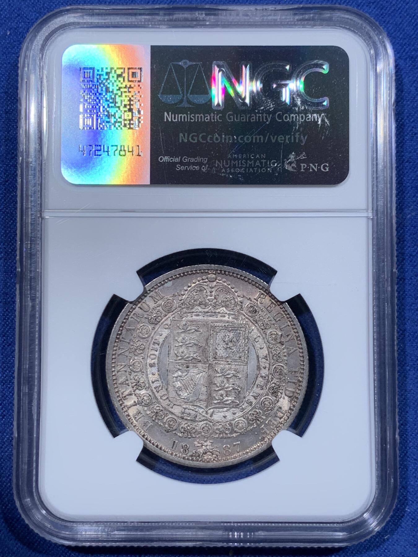 《竞宝斋》第362场 周日，周一，周二  3场连拍 （全场包邮） NGC AU58 英国1887年维多利亚高冠半克朗银币 原味包浆