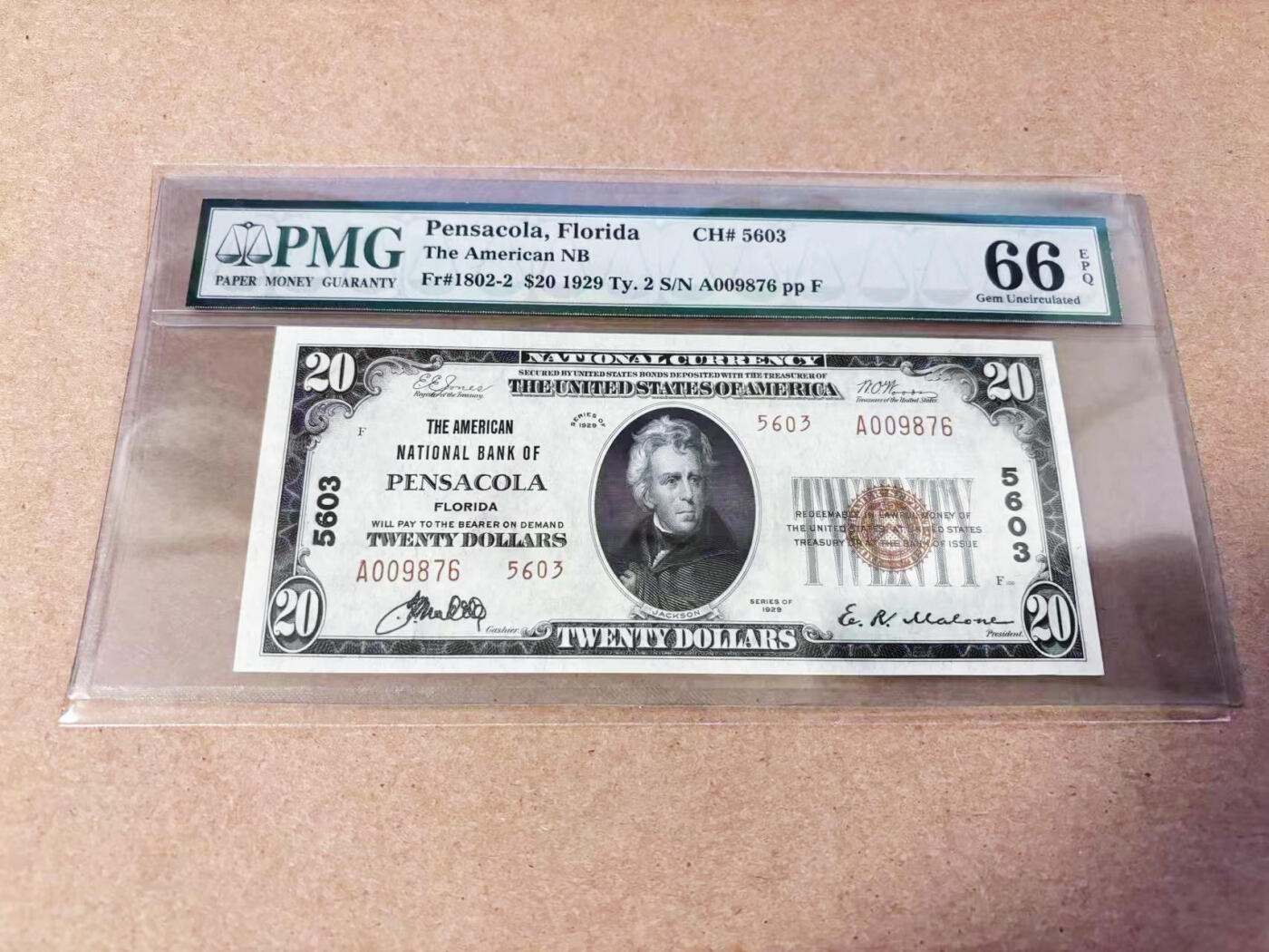 【Blue Auction】世界纸币精拍第634期【精】——16级TOP拍卖/信誉/品质/专业/高效💫 【TypeⅡ型少见 四处特许编号 千位小号 倒顺子 亚军分】美国 少见佛罗里达州 1929年20美金 国民券 A冠 PMG66EPQ  (Hararn家族旧藏)