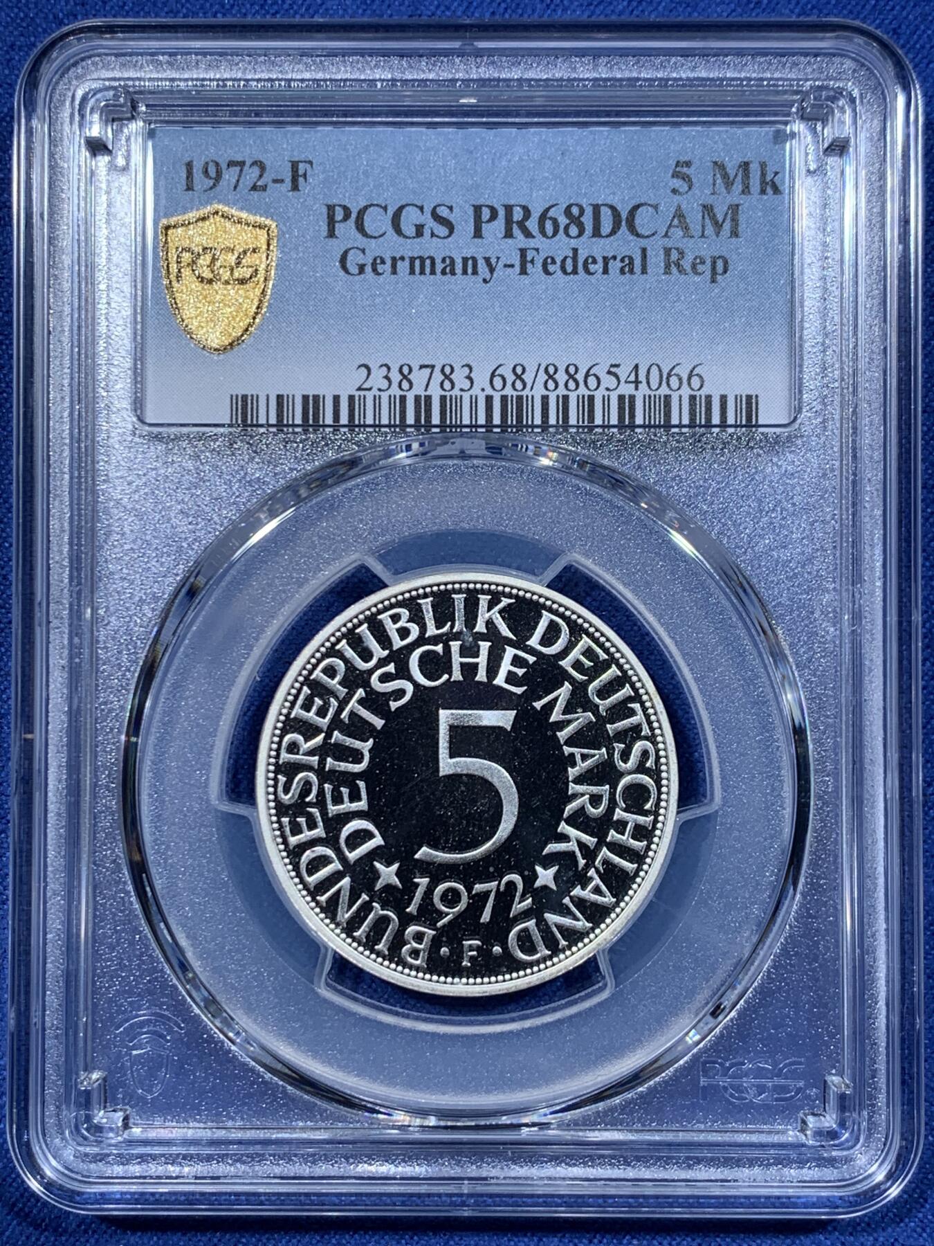 《竞宝斋》第362场 周日，周一，周二  3场连拍 （全场包邮） 亚军分 PCGS RP68DCAM 德国 1972年F无毛鹰 流通5马克 精制银币 少见品种