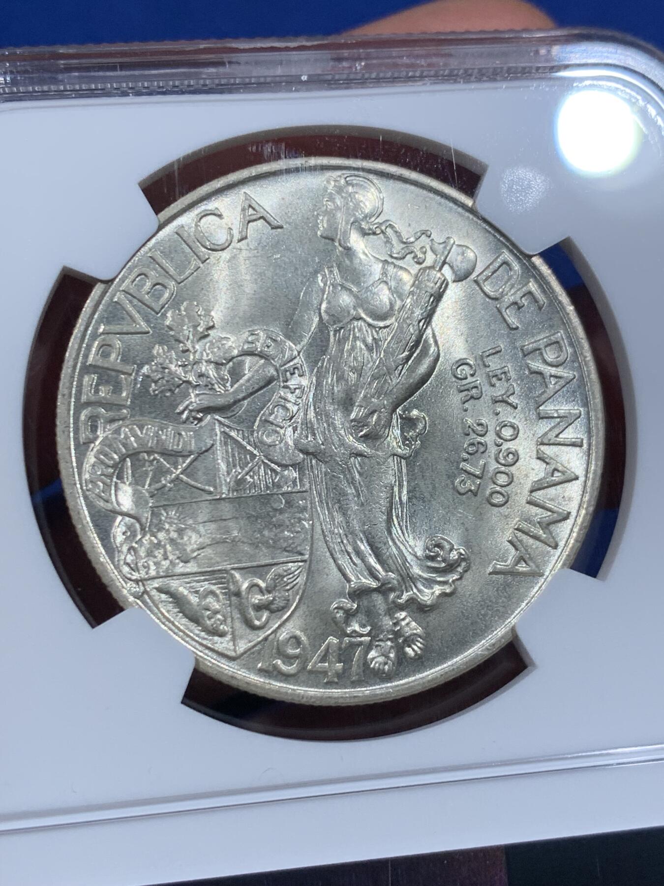 《竞宝斋》第362场 周日，周一，周二  3场连拍 （全场包邮） NGC MS65 巴拿马1947年美女与牛仔1巴波亚银币，女神系大主币，好状态，好分数