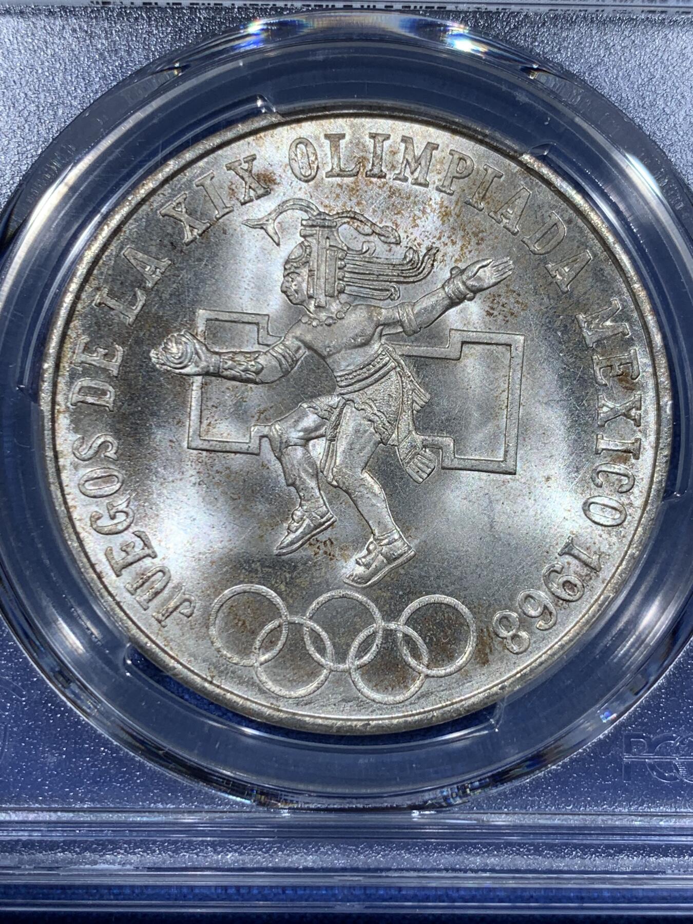 《竞宝斋》第362场 周日，周一，周二  3场连拍 （全场包邮） PCGS MS66 高分 1968墨西哥25比索 奥运纪念银币 两面爆光 包浆很有味道