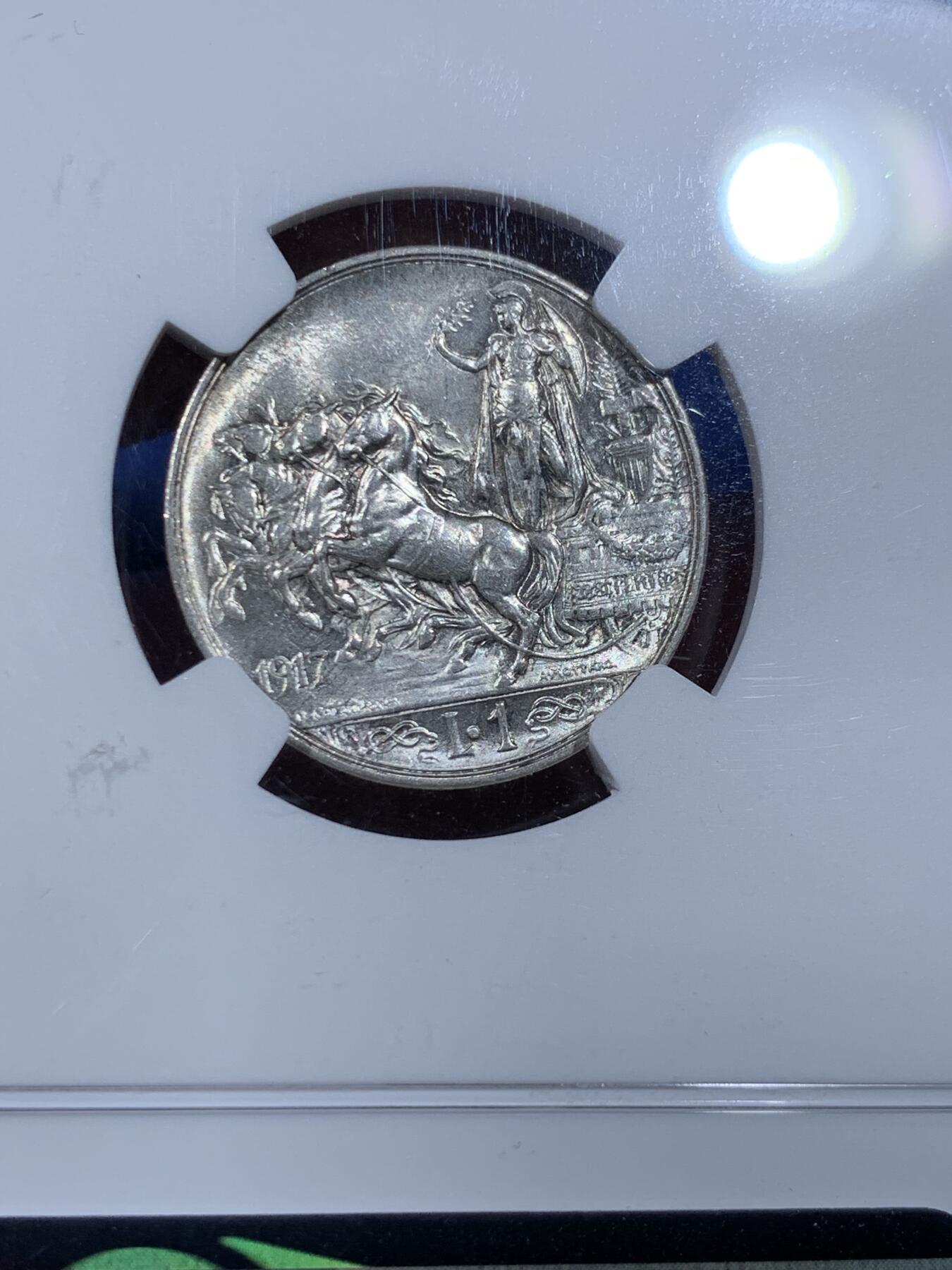 《竞宝斋》第362场 周日，周一，周二  3场连拍 （全场包邮） NGC MS62 意大利1917年马车1里拉银币
