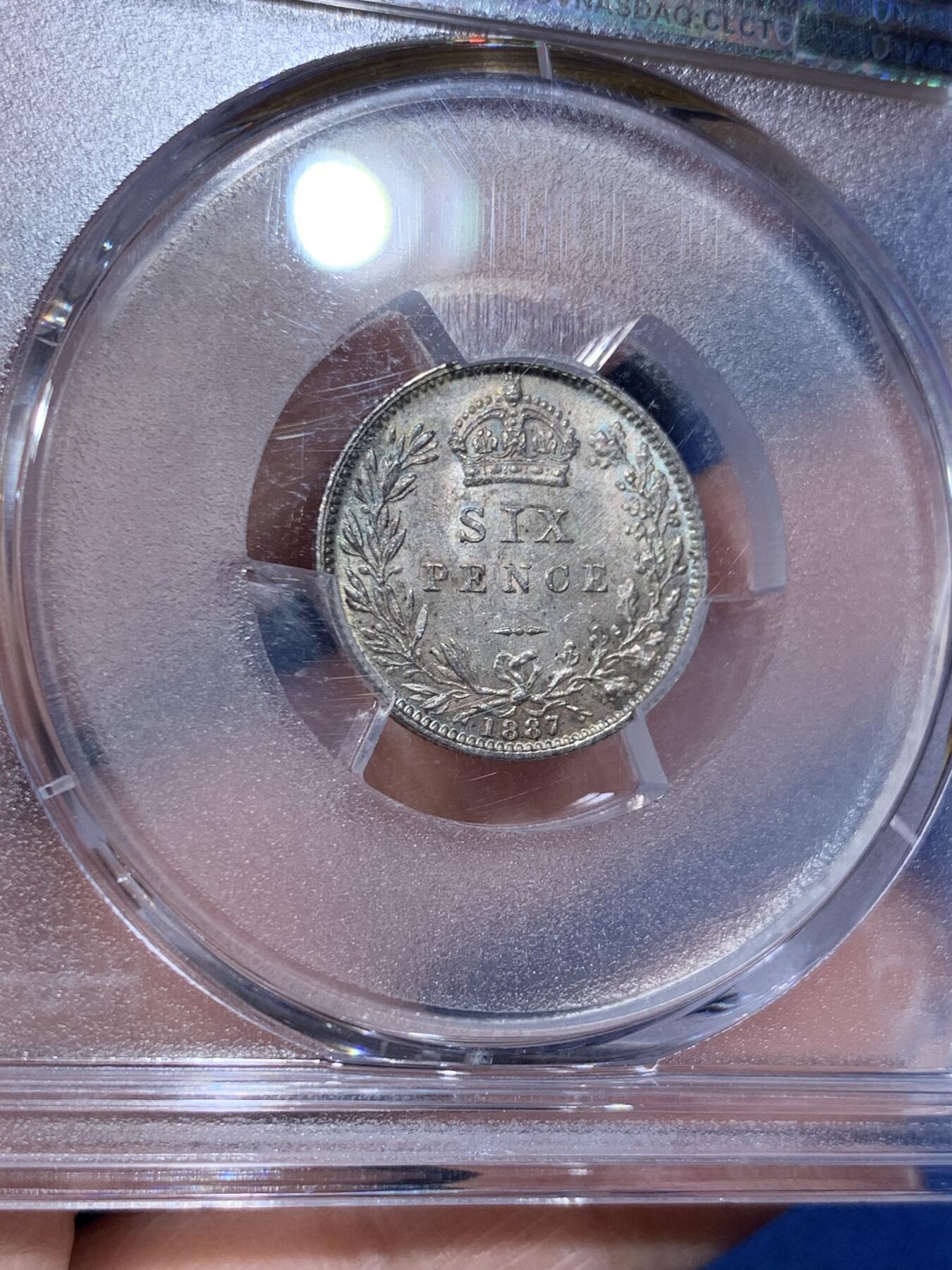 《竞宝斋》第362场 周日，周一，周二  3场连拍 （全场包邮） PCGS MS64 英国 1887年 维多利亚 6便士银币 面值版