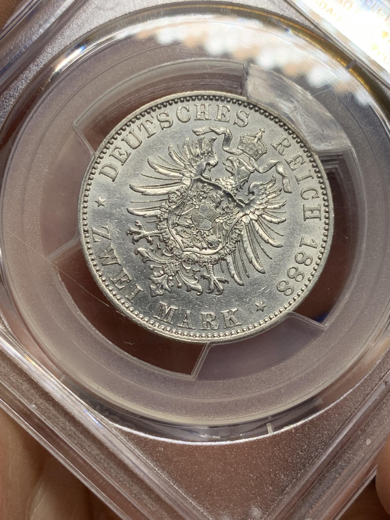 《竞宝斋》第362场 周日，周一，周二  3场连拍 （全场包邮） PCGS AUD 德国1888年普鲁士腓特烈三世2马克银币 短翅鹰