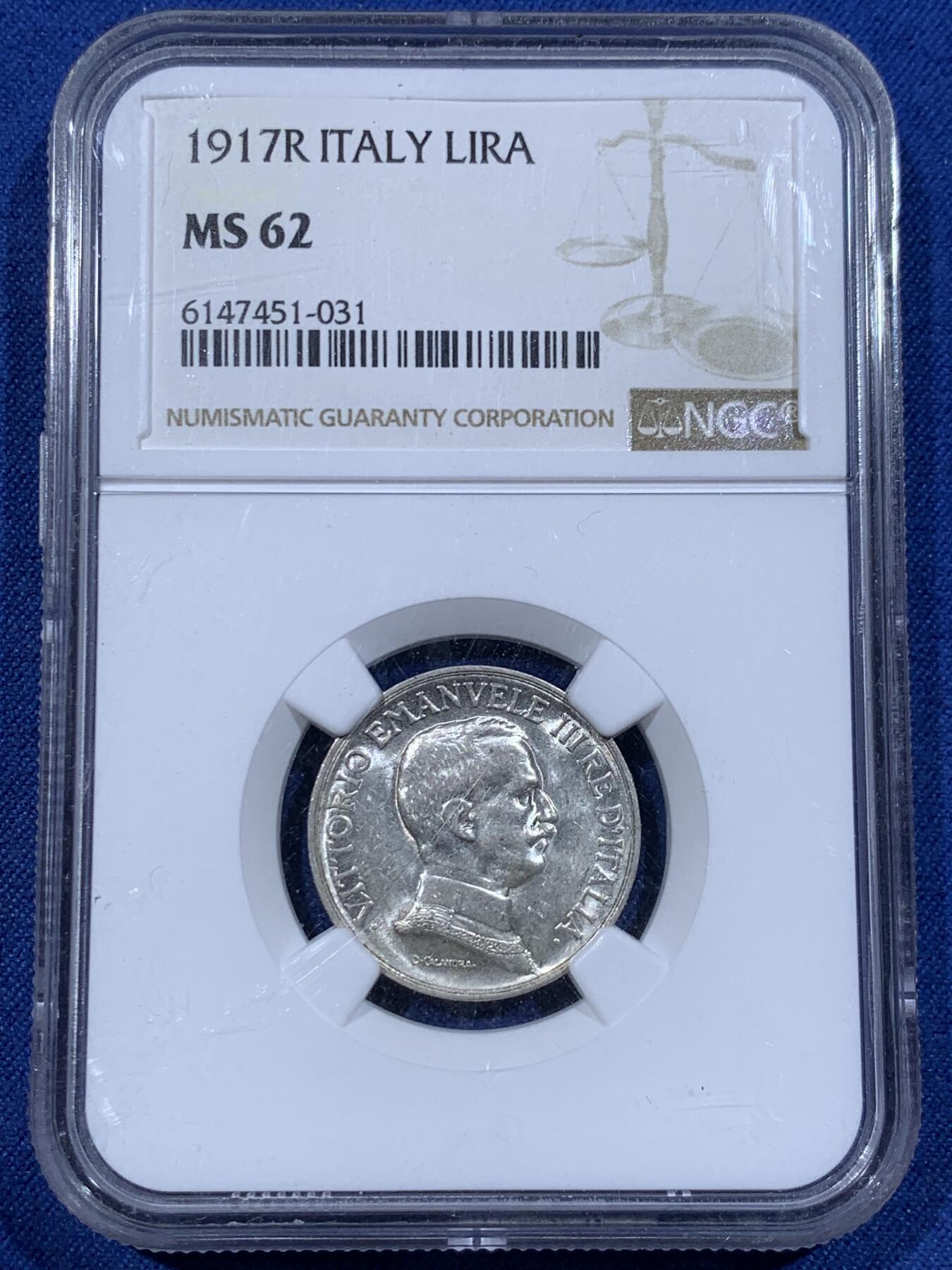 《竞宝斋》第362场 周日，周一，周二  3场连拍 （全场包邮） NGC MS62 意大利1917年马车1里拉银币