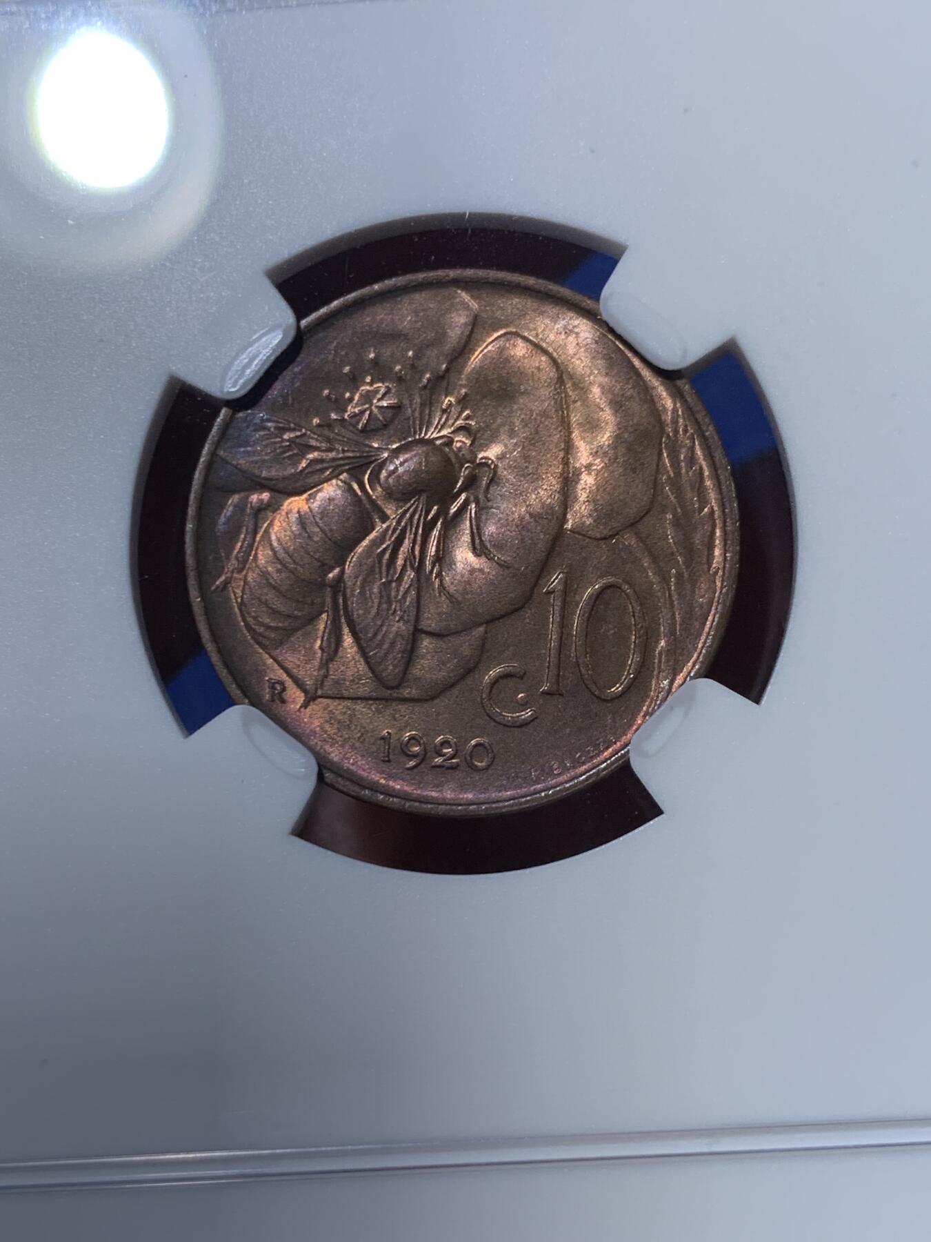 《竞宝斋》第362场 周日，周一，周二  3场连拍 （全场包邮） NGC MS64RB 意大利1920年蜜蜂10分，铜光一流，意大利名誉品种，百年RB难得