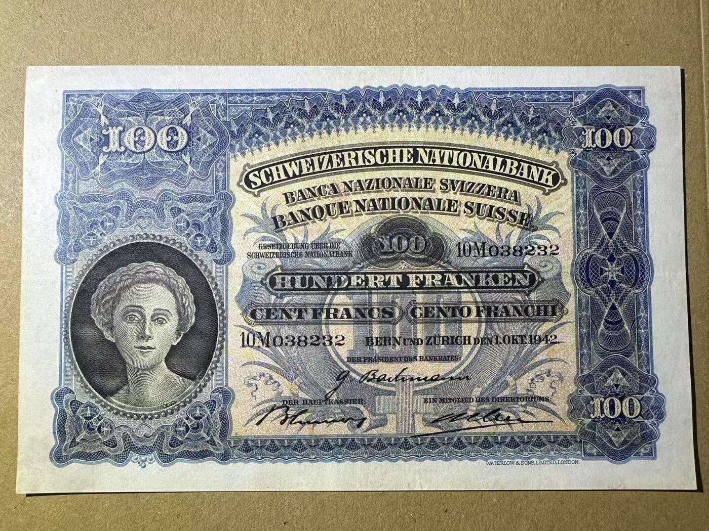 【Blue Auction】世界纸币精拍第634期【精】——16级TOP拍卖/信誉/品质/专业/高效💫 瑞士 1942年100法郎 AU品相