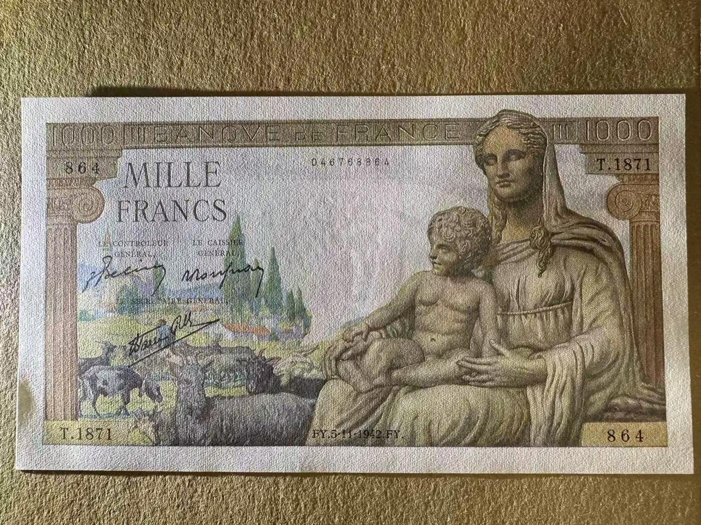 【Blue Auction】世界纸币精拍第634期【精】——16级TOP拍卖/信誉/品质/专业/高效💫 法国 1942年1000法郎 圣母 墨丘利 大票幅 全新UNC