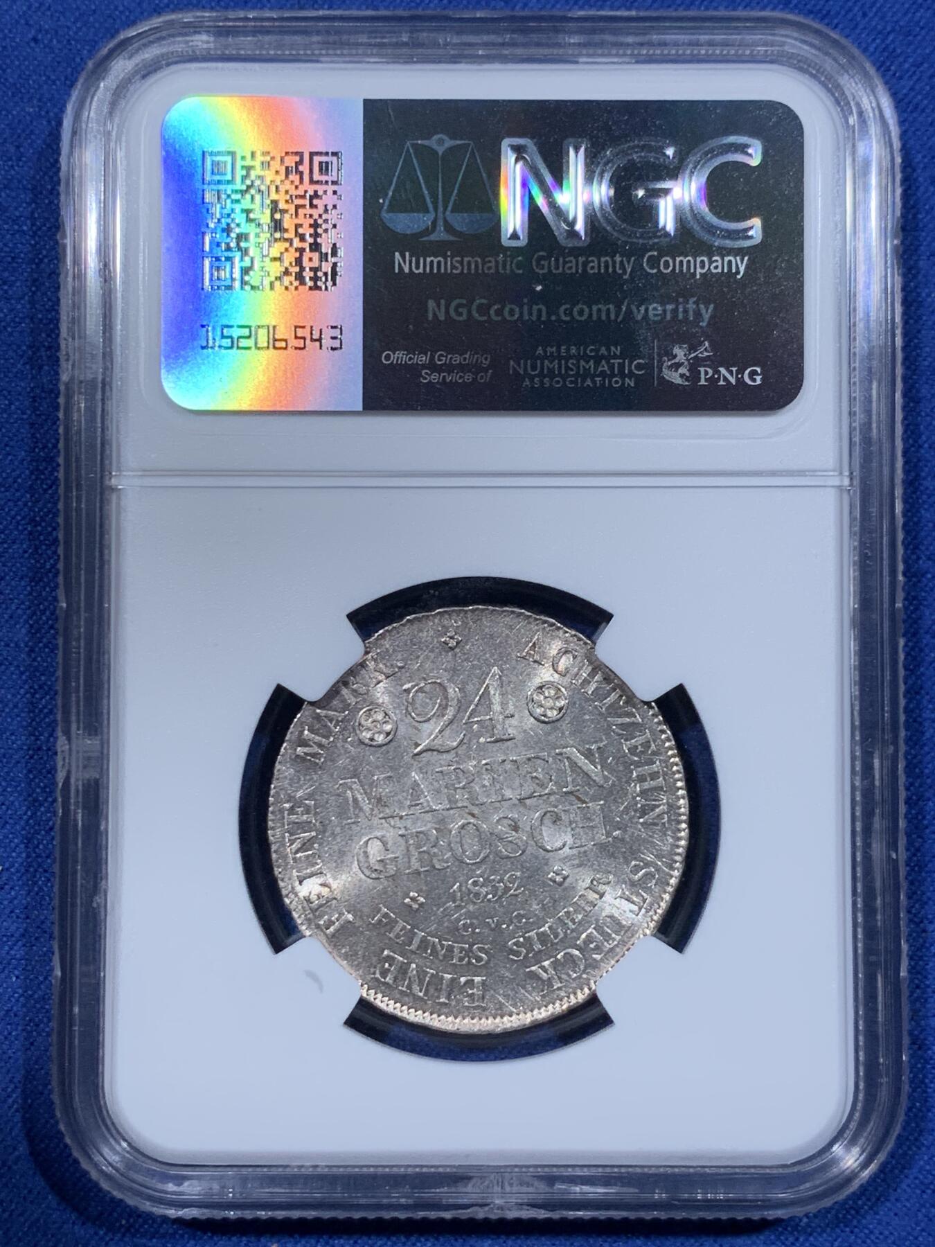 《竞宝斋》第362场 周日，周一，周二  3场连拍 （全场包邮） NGC MS61 德国布伦瑞克1832年野人盾徽24格罗申银币 首年年份，唯一亚军分，更高分仅一枚。背面标注“FEINES SILBER”，纯银精铸。经典的野人盾徽元素，十足转光，不可多得