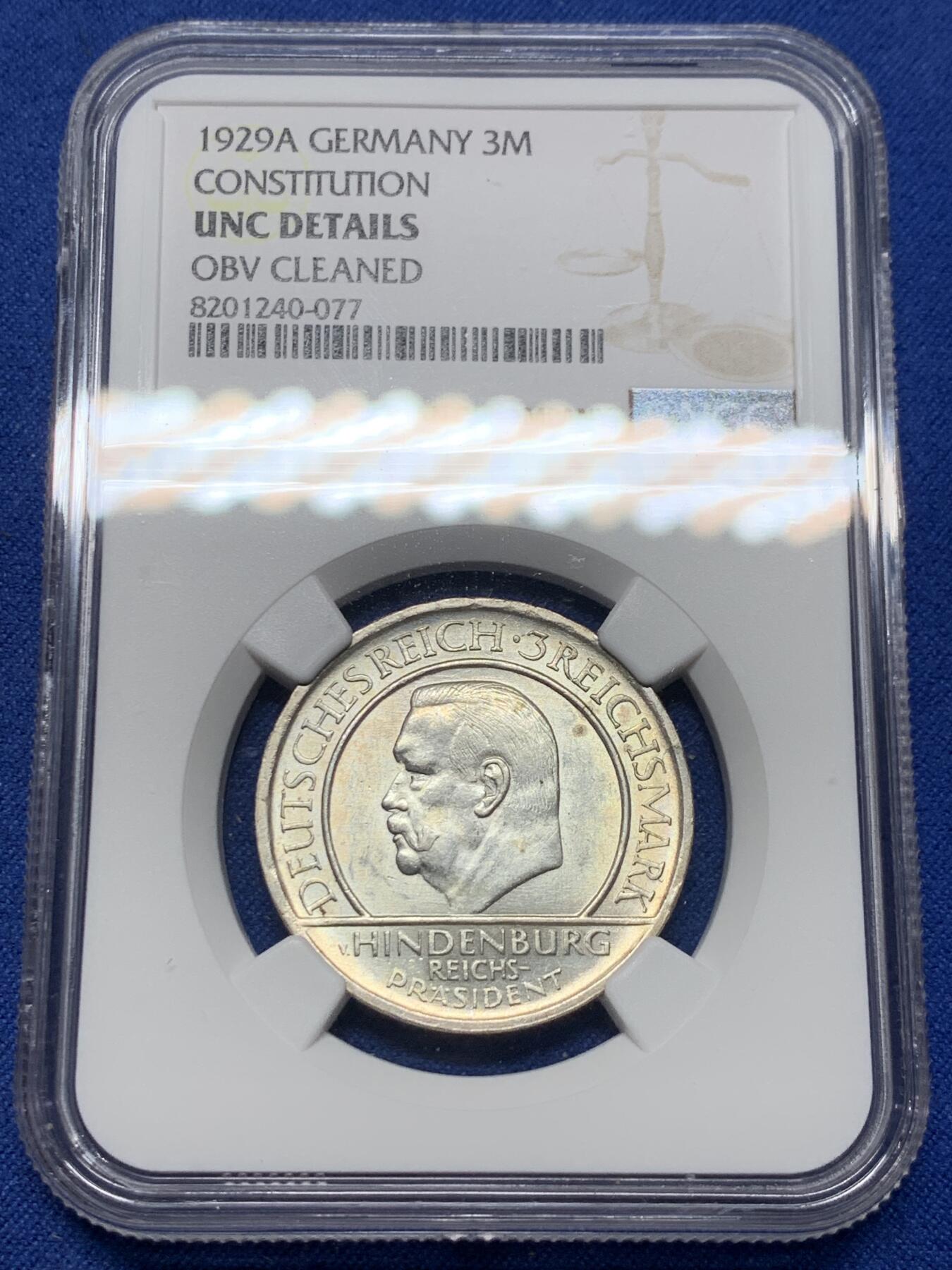 《竞宝斋》第362场 周日，周一，周二  3场连拍 （全场包邮） NGC UNCD 德国魏玛时期1929 宪法十周年3马克纪念银币 经典手指设计