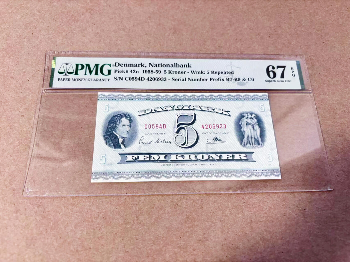 【Blue Auction】世界纸币精拍第634期【精】——16级TOP拍卖/信誉/品质/专业/高效💫 丹麦 1958-59年5克朗 三裸女 PMG67EPQ 高分