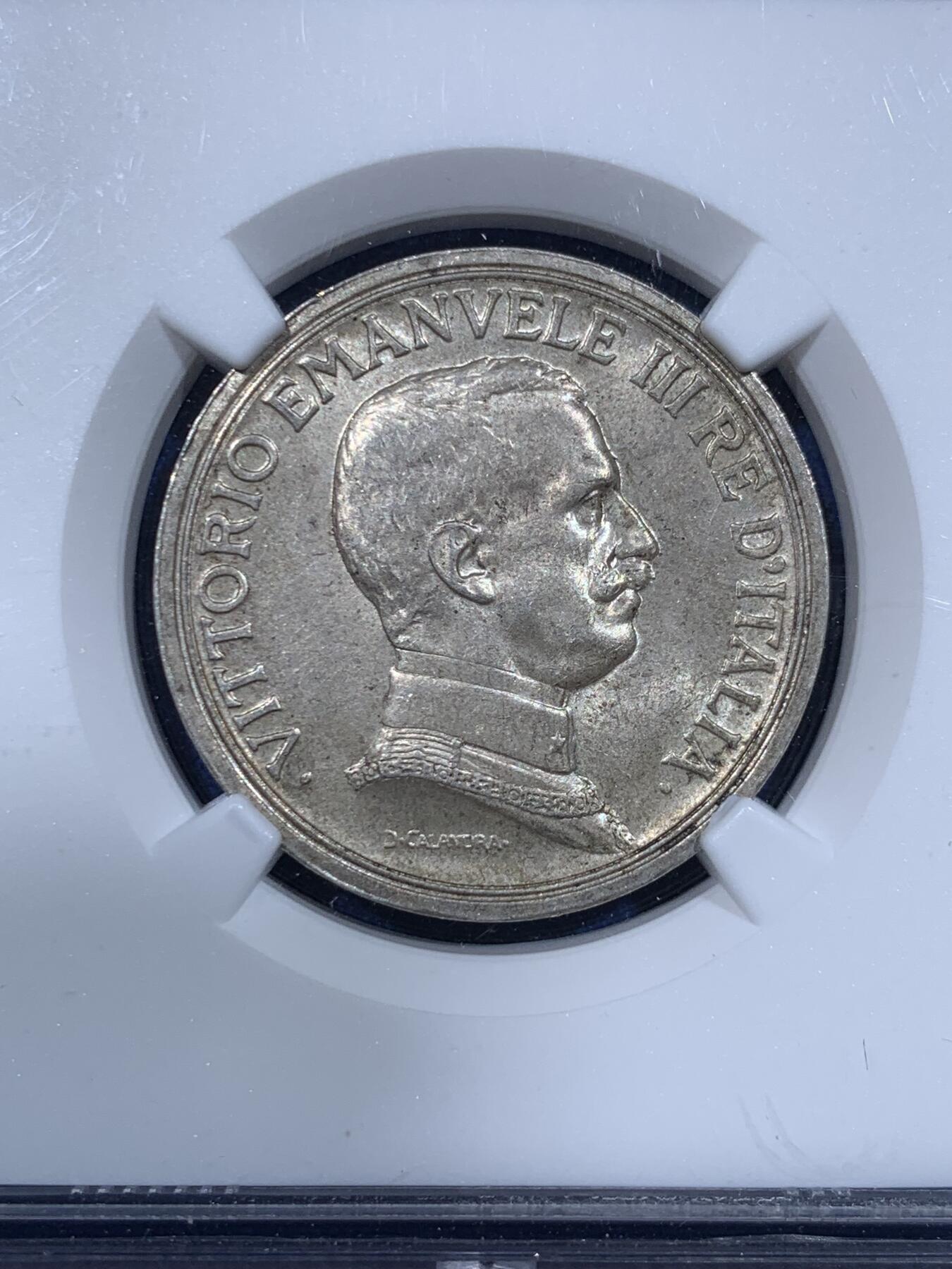 《竞宝斋》第362场 周日，周一，周二  3场连拍 （全场包邮） NGC MS64 意大利1914年马车2里拉银币，淡淡包浆，早期年份，细节好
