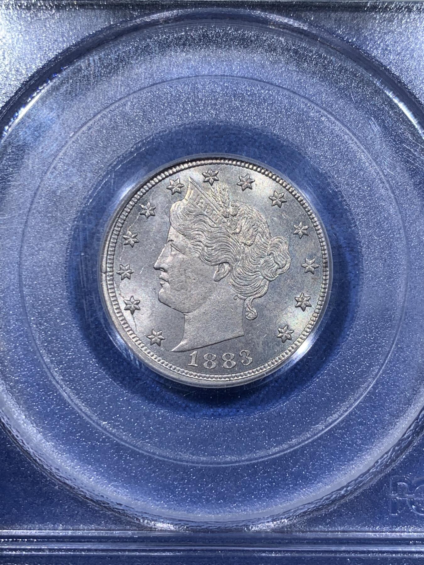 《竞宝斋》第362场 周日，周一，周二  3场连拍 （全场包邮） PCGS MS63 美国1883年5美分镍币 早期美评壳子 经典自由女神像 早期稀少无SENTS版 后期收回销毁众多 好品难寻