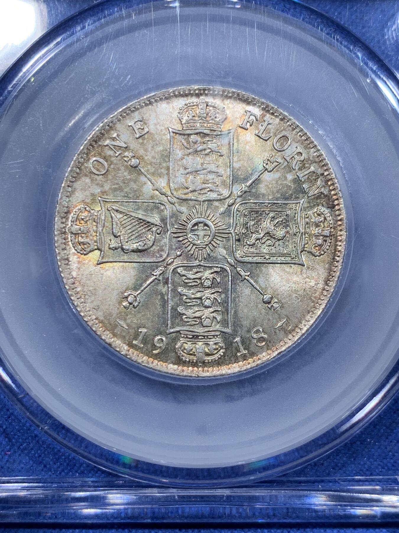 《竞宝斋》第362场 周日，周一，周二  3场连拍 （全场包邮） CGS UNC80 英国 1918年 1弗洛林 一战后期高银版 原味五彩 英国本土评级，分数相当于N&P的64分