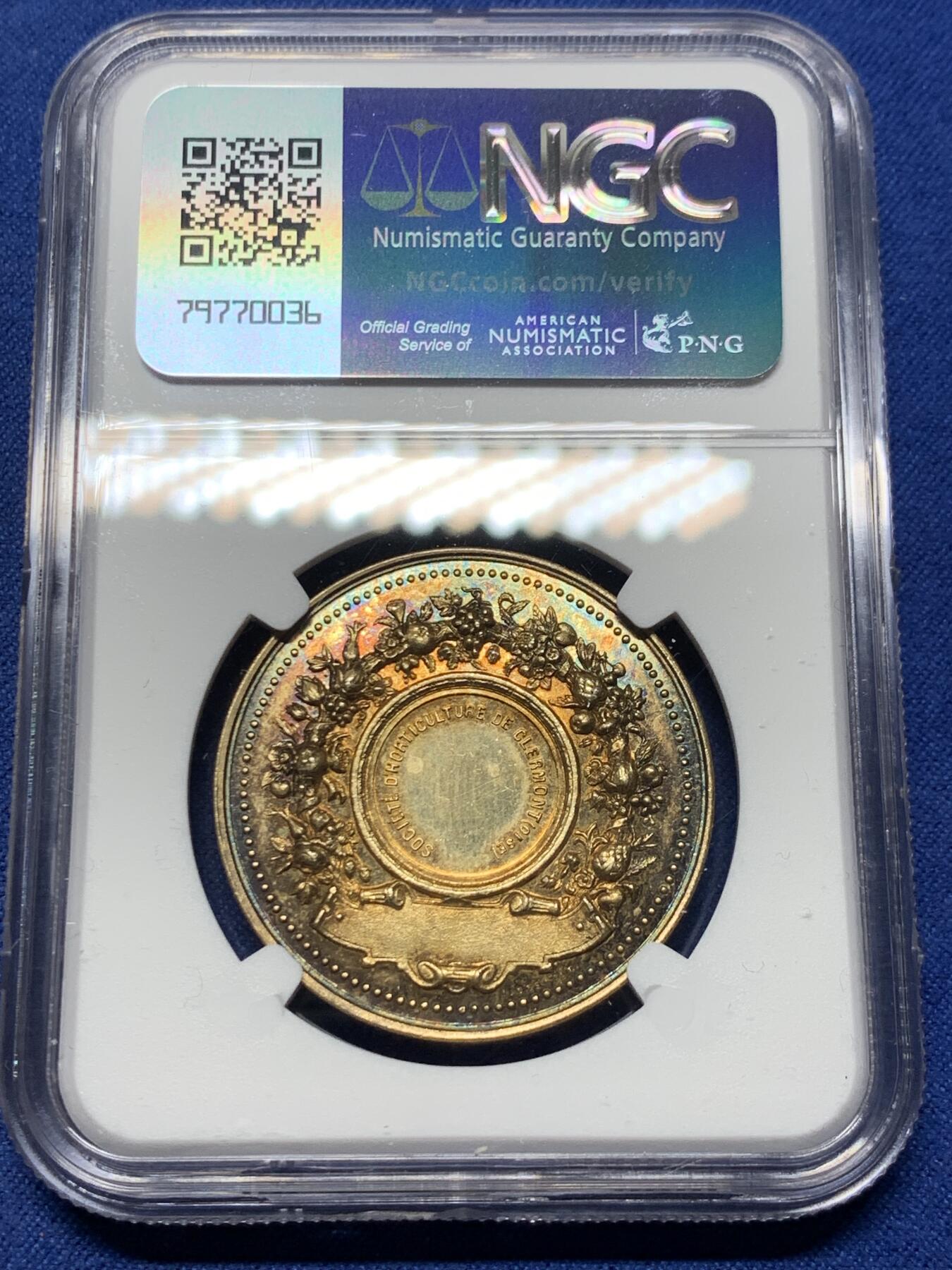 《竞宝斋》第364场 周日，周一，周二  3场连拍 （全场包邮） NGC MS64 法国瓦兹-克莱蒙园艺协会镀金银质代币