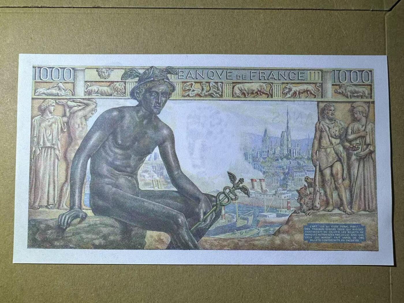 【Blue Auction】世界纸币精拍第634期【精】——16级TOP拍卖/信誉/品质/专业/高效💫 法国 1942年1000法郎 圣母 墨丘利 大票幅 全新UNC