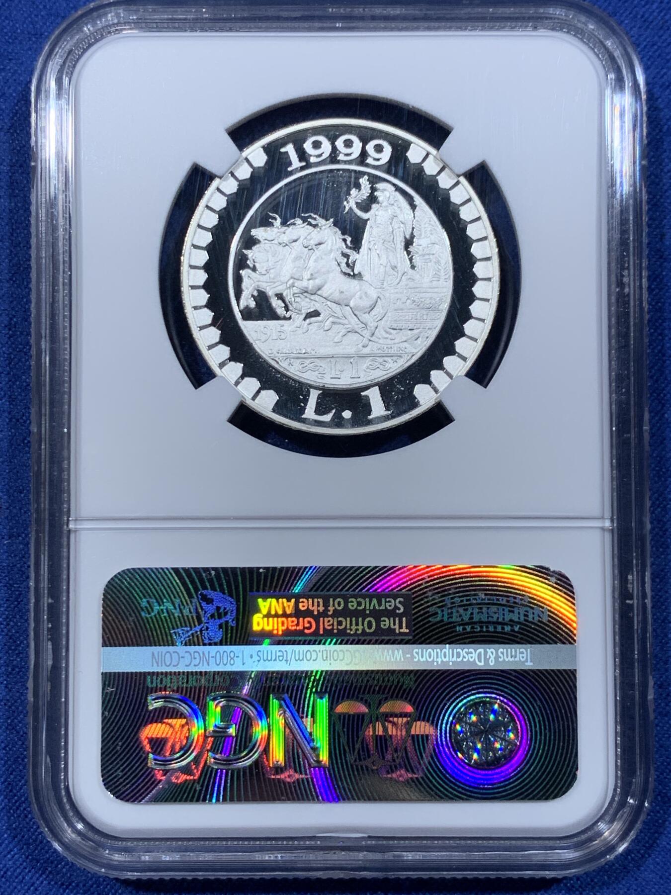 《竞宝斋》第362场 周日，周一，周二  3场连拍 （全场包邮） NGC PF69UC 意大利1999年发行的“最后的里拉”精制1里拉银币套装（2枚）（835银29.2克/对，币径32MM，限量发行6400枚。国家货币改欧元之后的断代绝唱，里拉作为意大利流通历史的悠久象征永做纪念，媲美法国“最后的法郎”。）