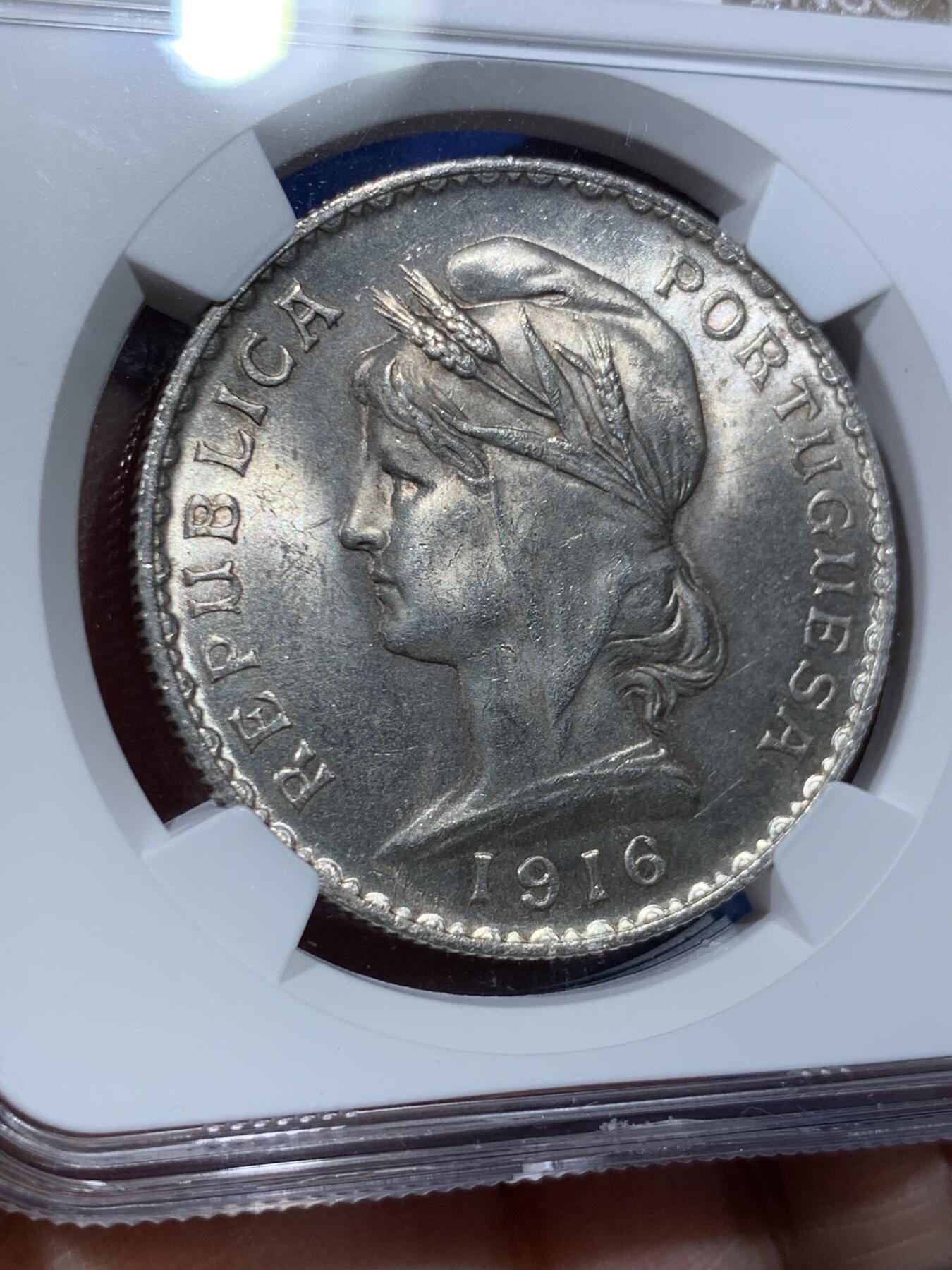 《竞宝斋》第362场 周日，周一，周二  3场连拍 （全场包邮） NGC MS62 葡萄牙1916年谷物女神1埃斯库多大银币   低评，黄油车轮光，观感极佳