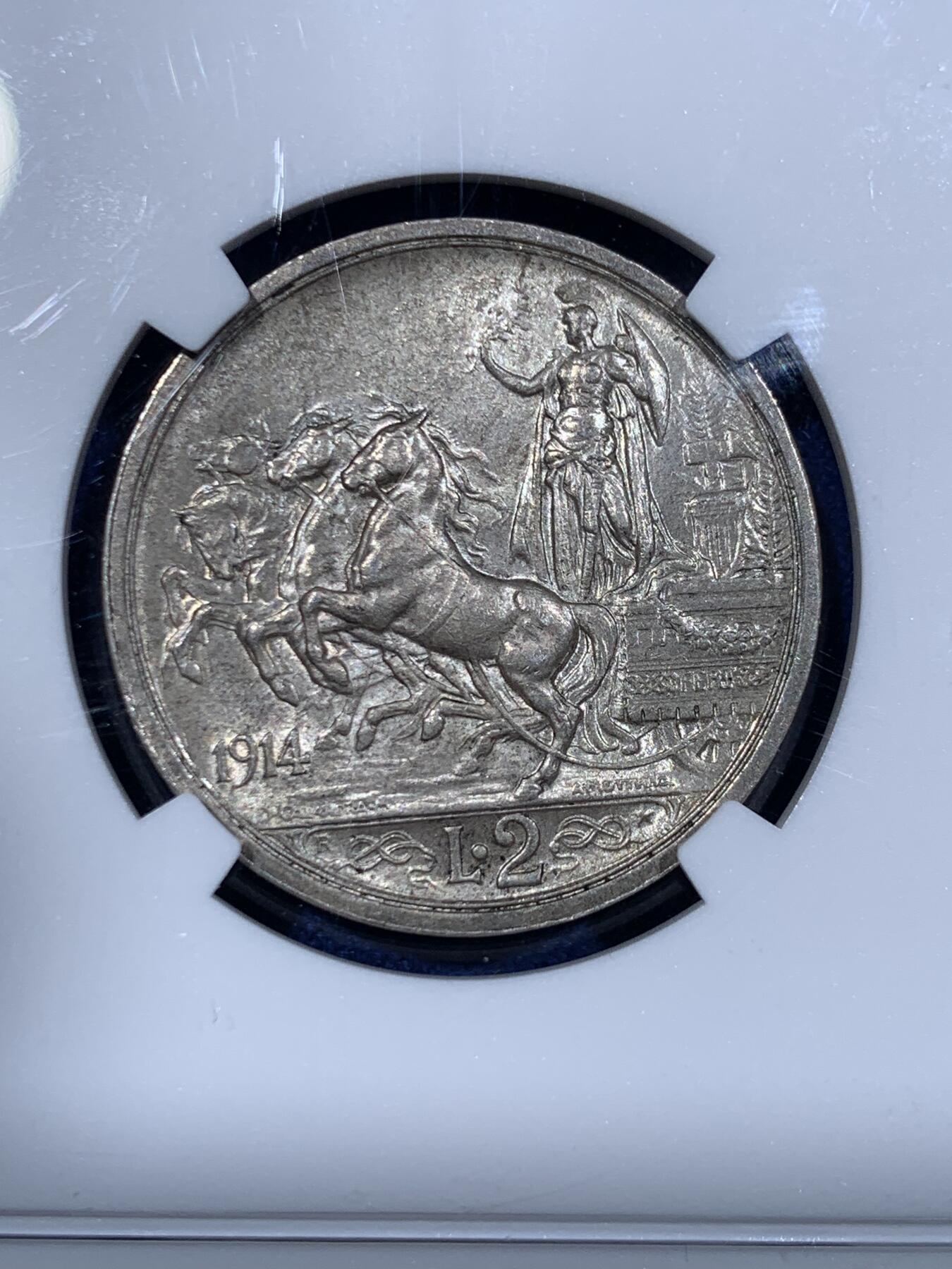 《竞宝斋》第362场 周日，周一，周二  3场连拍 （全场包邮） NGC MS64 意大利1914年马车2里拉银币，淡淡包浆，早期年份，细节好
