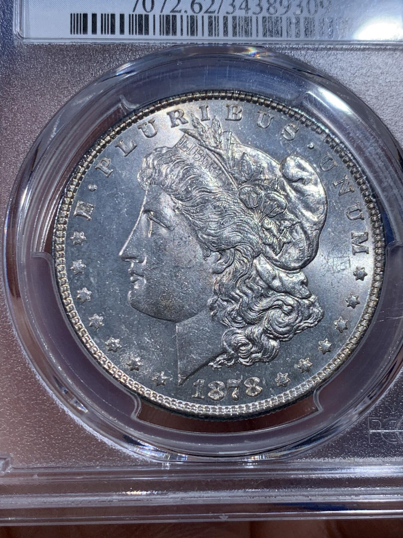 《竞宝斋》第362场 周日，周一，周二  3场连拍 （全场包邮） PCGS MS62 美国1878年8tf摩根八羽 名誉品