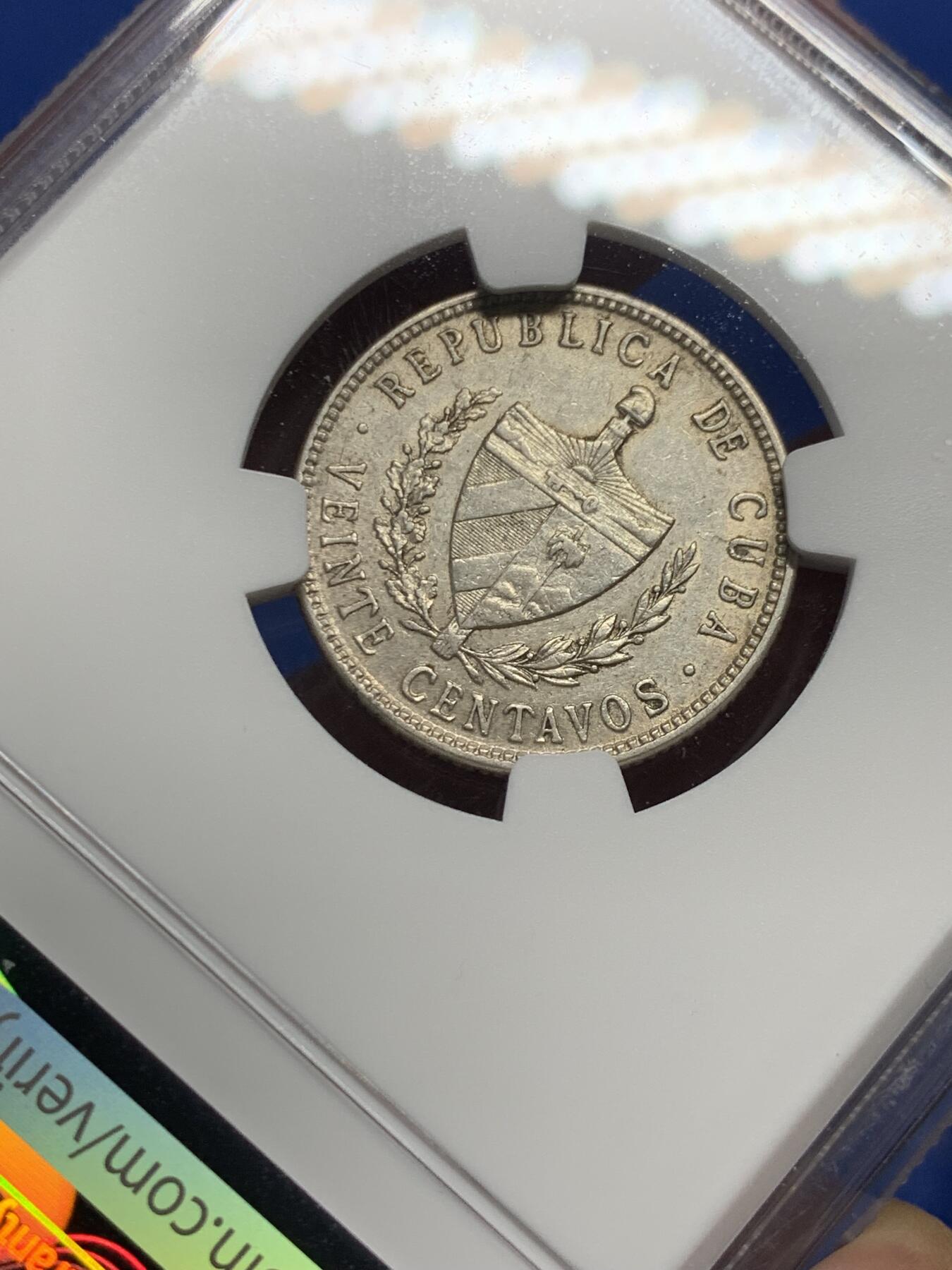 《竞宝斋》第362场 周日，周一，周二  3场连拍 （全场包邮） NGC AU55 古巴1949年五角星20分银币