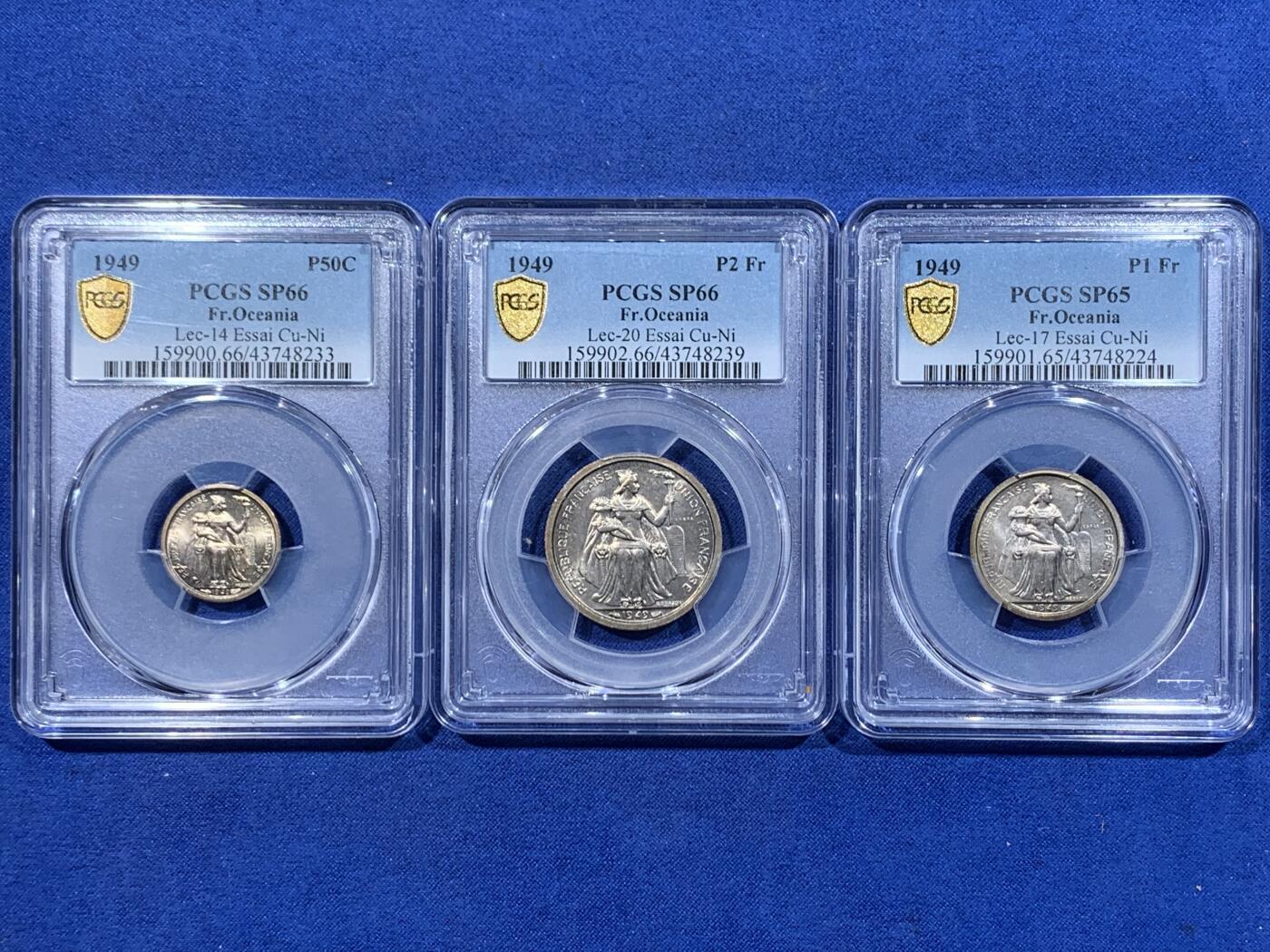 《竞宝斋》第362场 周日，周一，周二  3场连拍 （全场包邮） 3枚一组 PCGS SP65-66  法属大洋洲 1949年  1法郎、2法郎、50分样币  2法郎冠军分  1法郎亚军分  发行量2000 带ESSAI