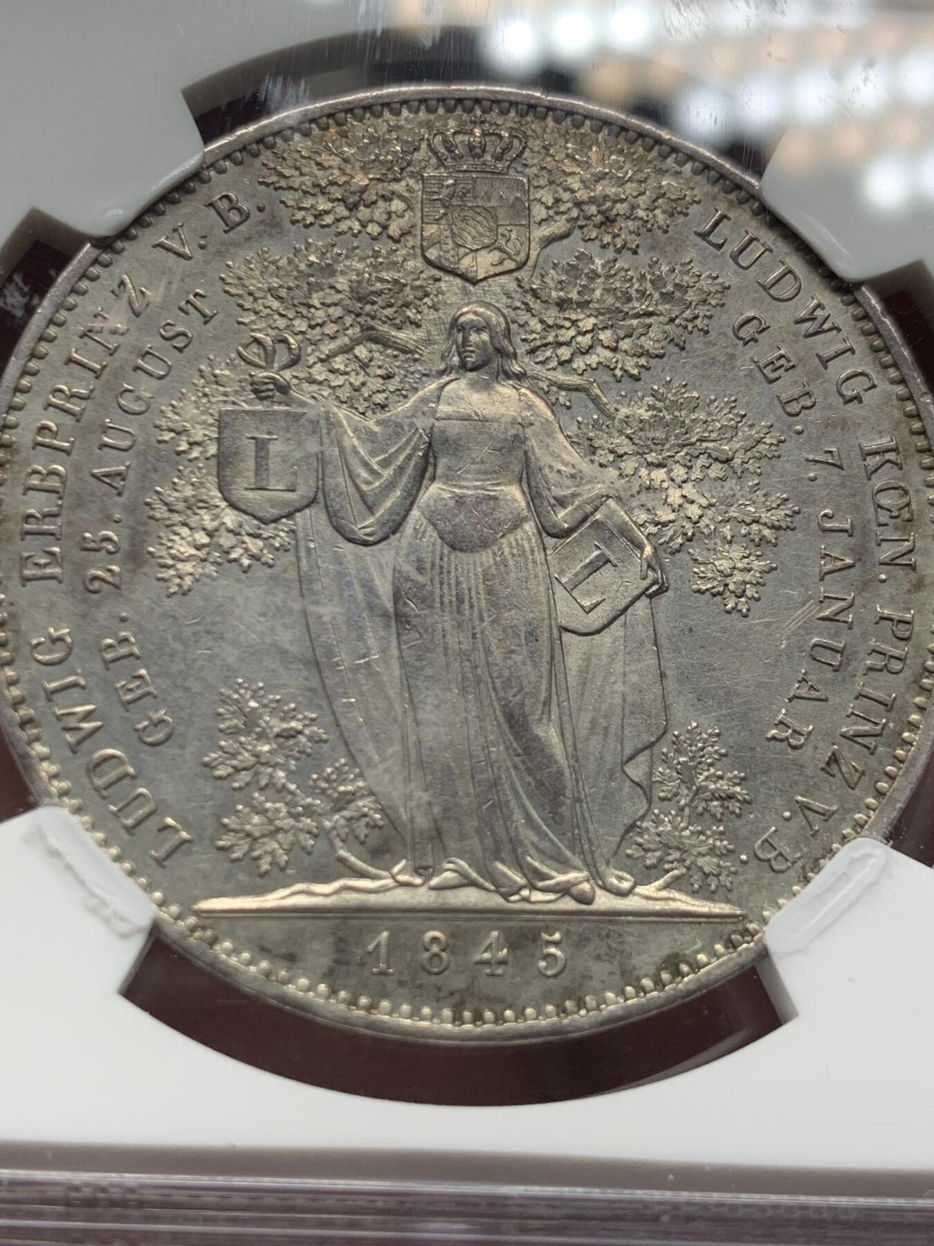 《竞宝斋》第362场 周日，周一，周二  3场连拍 （全场包邮） NGC UNC 德国 巴伐利亚 1845年 路德维希一世 皇孙纪念2泰勒大银币 非常热门的路德维希历史系2泰勒大银币 底板光度都够藏