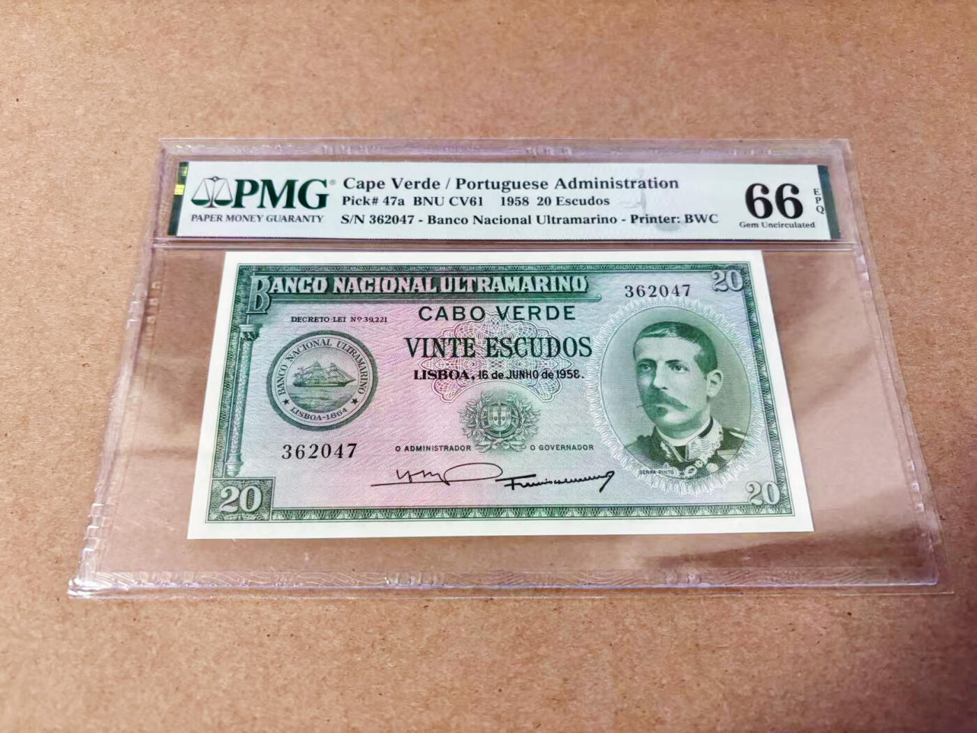 【Blue Auction】世界纸币精拍第634期【精】——16级TOP拍卖/信誉/品质/专业/高效💫 佛得角 1958年20埃斯库多 PMG66EPQ 