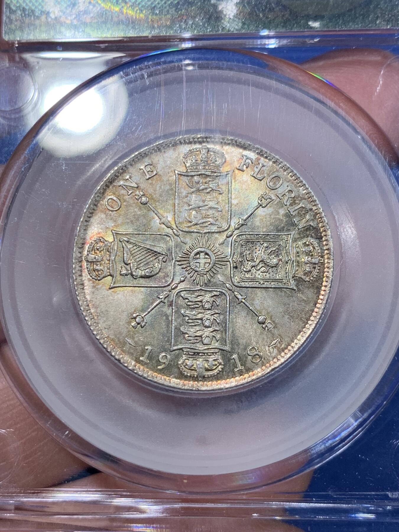 《竞宝斋》第362场 周日，周一，周二  3场连拍 （全场包邮） CGS UNC80 英国 1918年 1弗洛林 一战后期高银版 原味五彩 英国本土评级，分数相当于N&P的64分