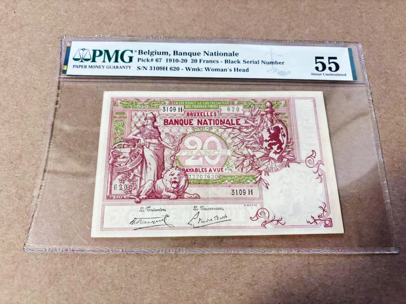 【Blue Auction】世界纸币精拍第634期【精】——16级TOP拍卖/信誉/品质/专业/高效💫 【无47】比利时 早期 1910-20年20法郎 PMG55 