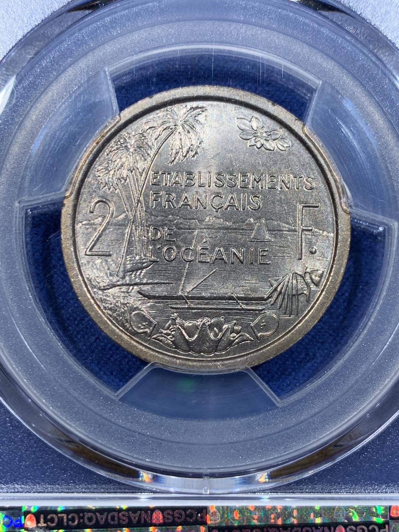 《竞宝斋》第362场 周日，周一，周二  3场连拍 （全场包邮） 3枚一组 PCGS SP65-66  法属大洋洲 1949年  1法郎、2法郎、50分样币  2法郎冠军分  1法郎亚军分  发行量2000 带ESSAI